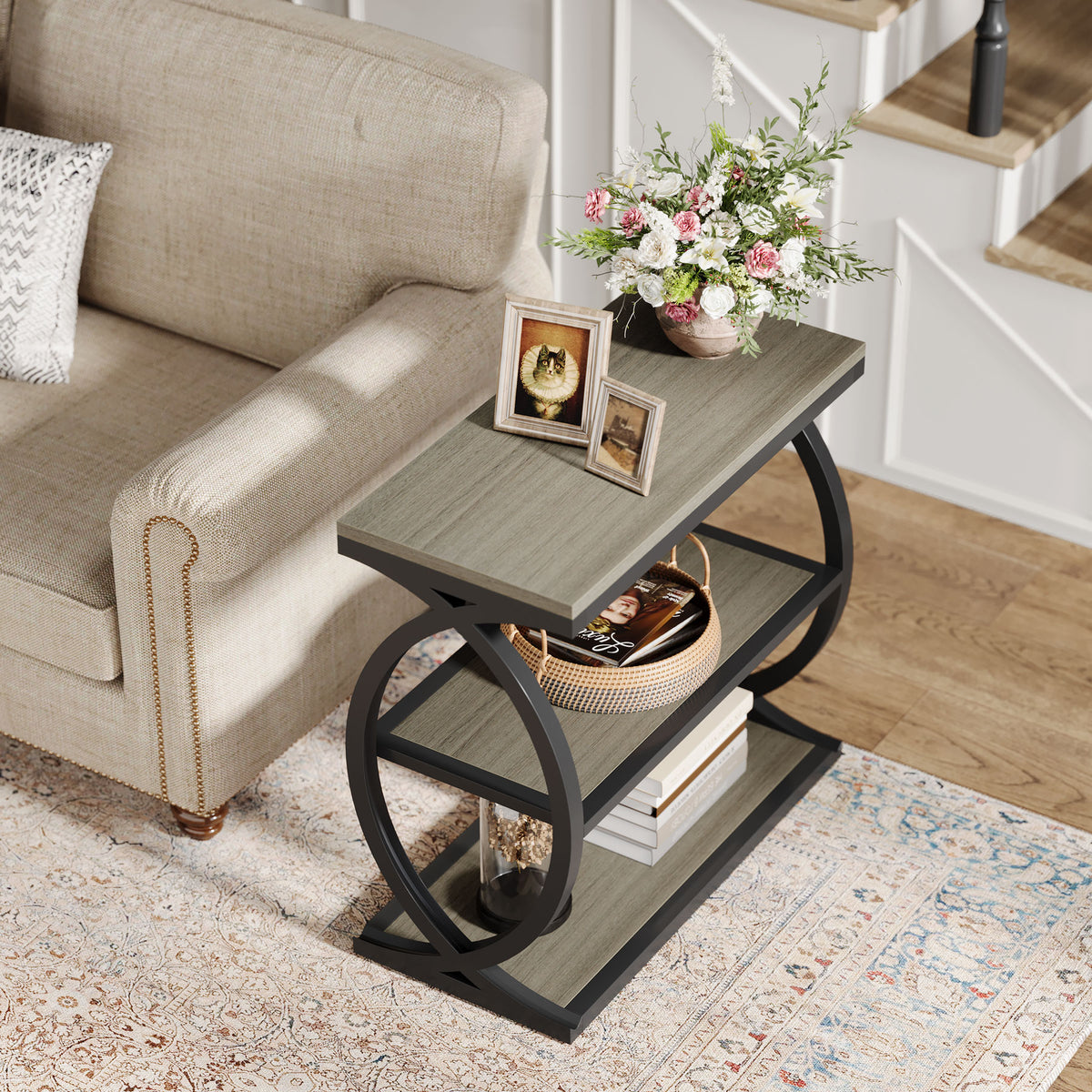 3-Tier End Table, Narrow Side Table Nightstand with Metal Frame