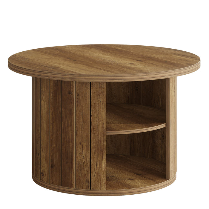 80cm Round Coffee Table, 2-Tier Rustic Wooden Storage Table for Living Room