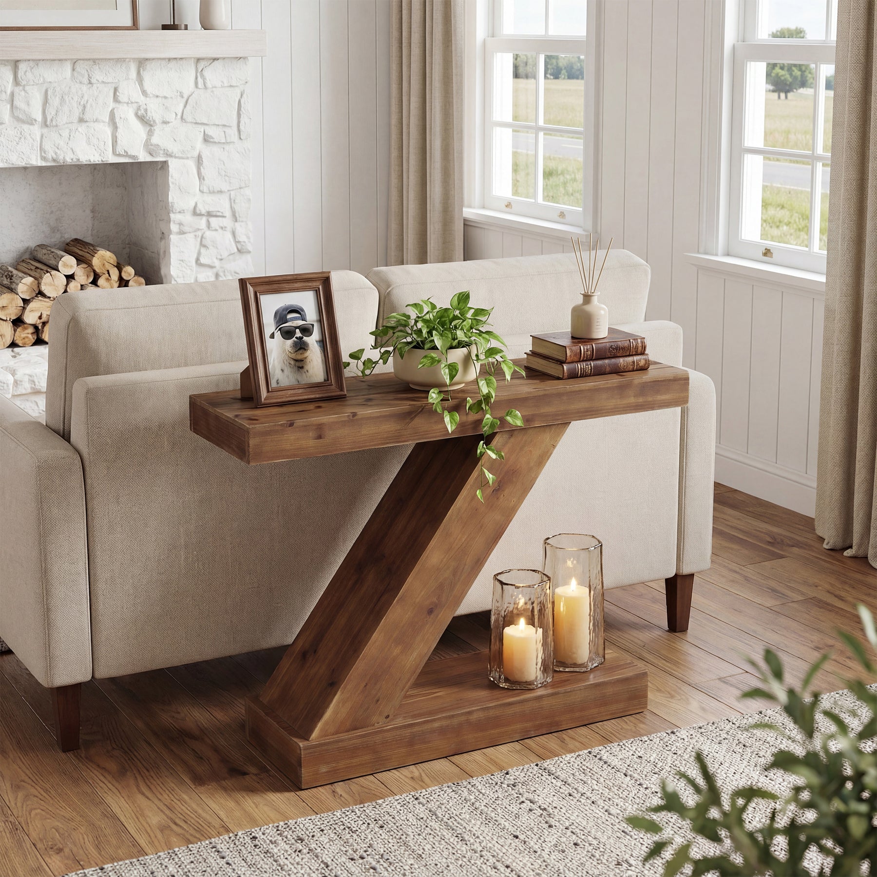105cm Solid Wood Z-Shape Console Table, Modern Narrow Entryway Sofa Table for Living Room or Hallway