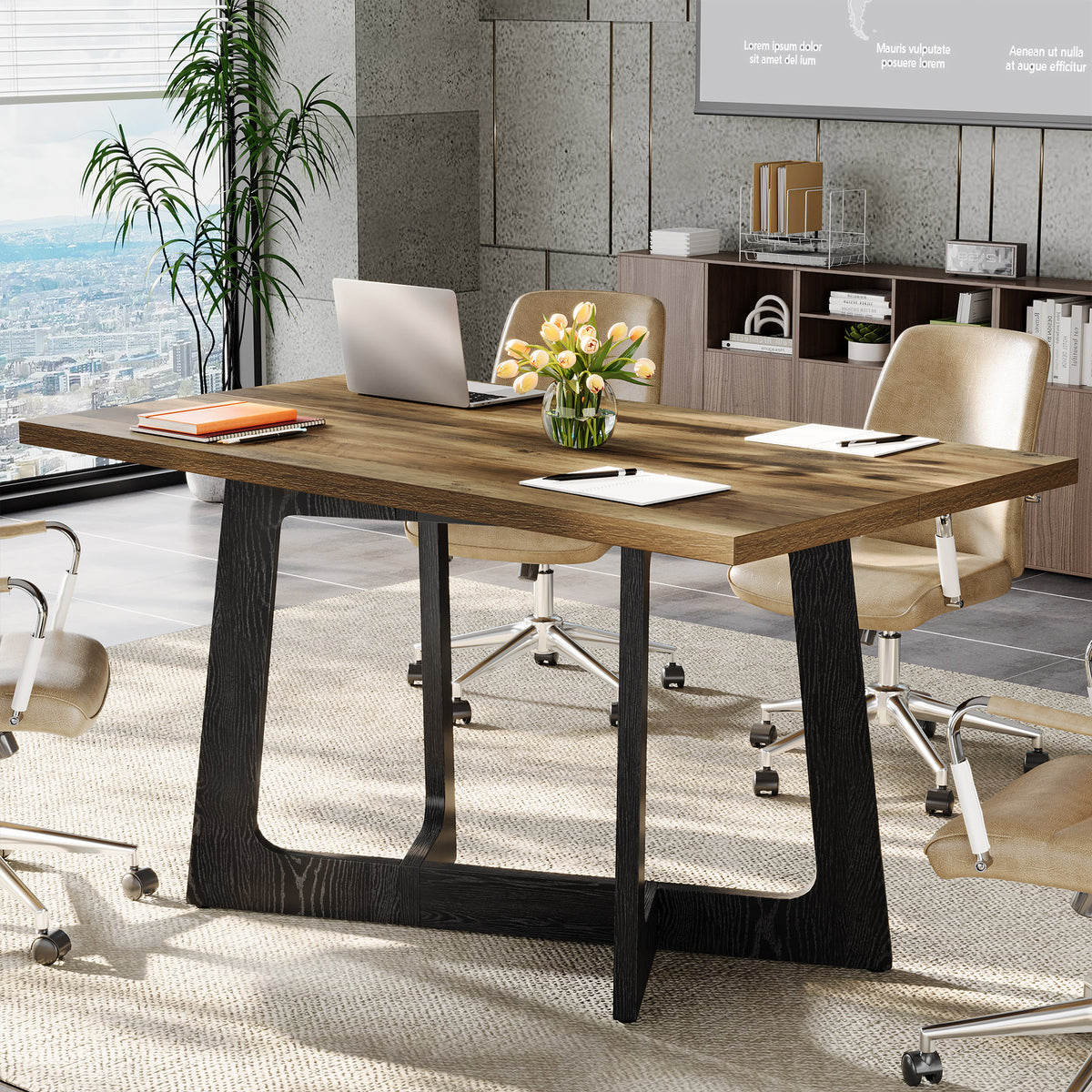 120cm Conference Table, Industrial Office Meeting Table with Sturdy Metal Base for 2-4 People