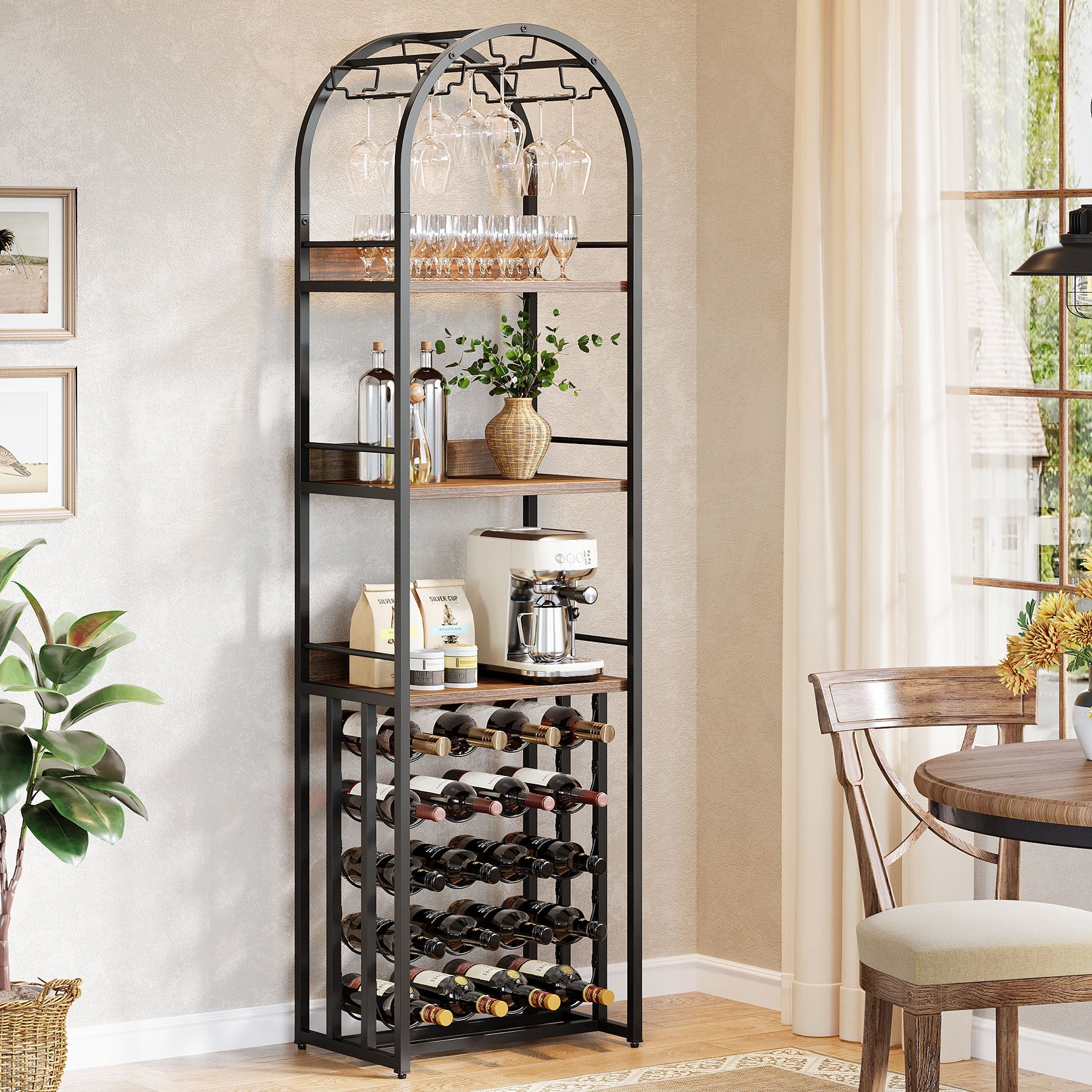 72.04" Tall Wine Rack with Glass Holder, Industrial Metal Wine Storage Stand with Tabletop