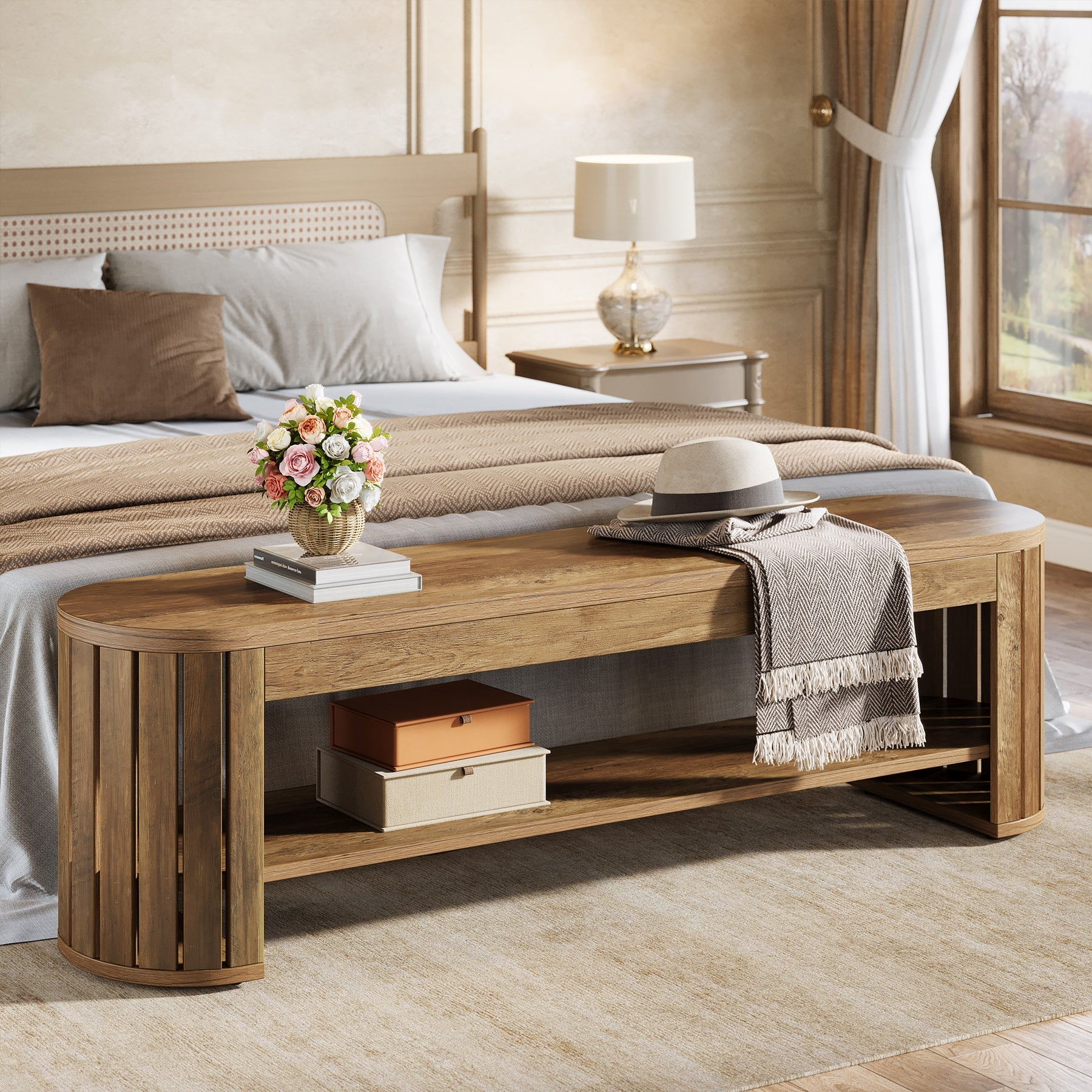 63" Wooden Shoe Bench with 2-Tier Storage, Narrow Entryway Bench for Entrance and Hallway