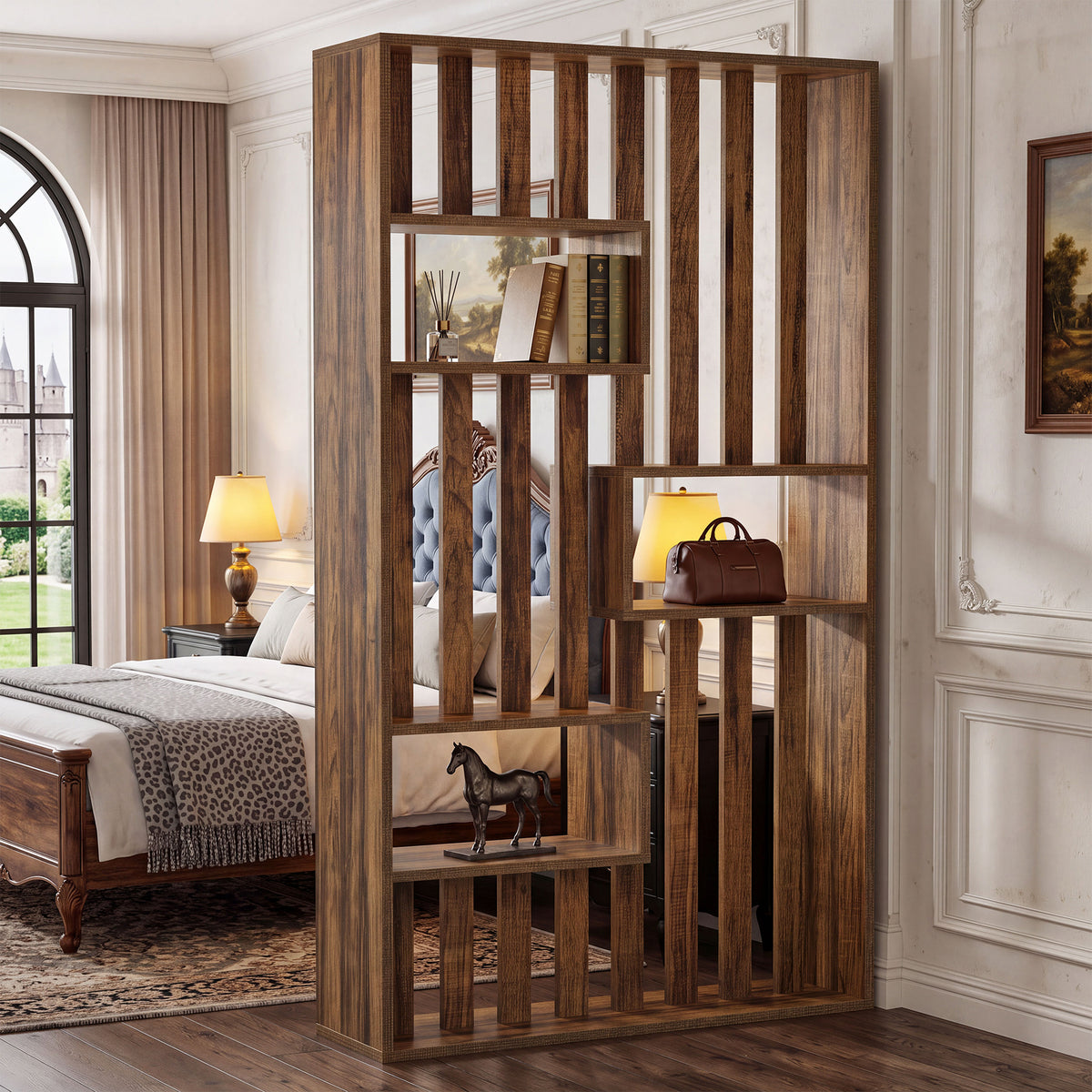 180cm Room Divider, Freestanding Slatted Partition with Built-in Shelves