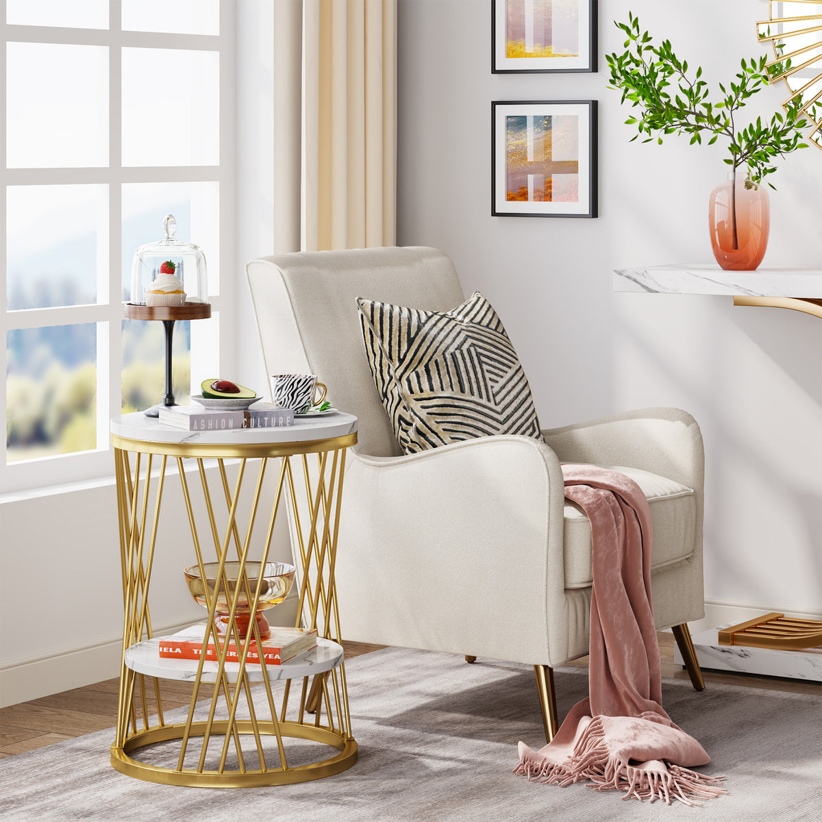 60cm Round End Table, 2-Tier Faux Marble Side Table with Gold Frame