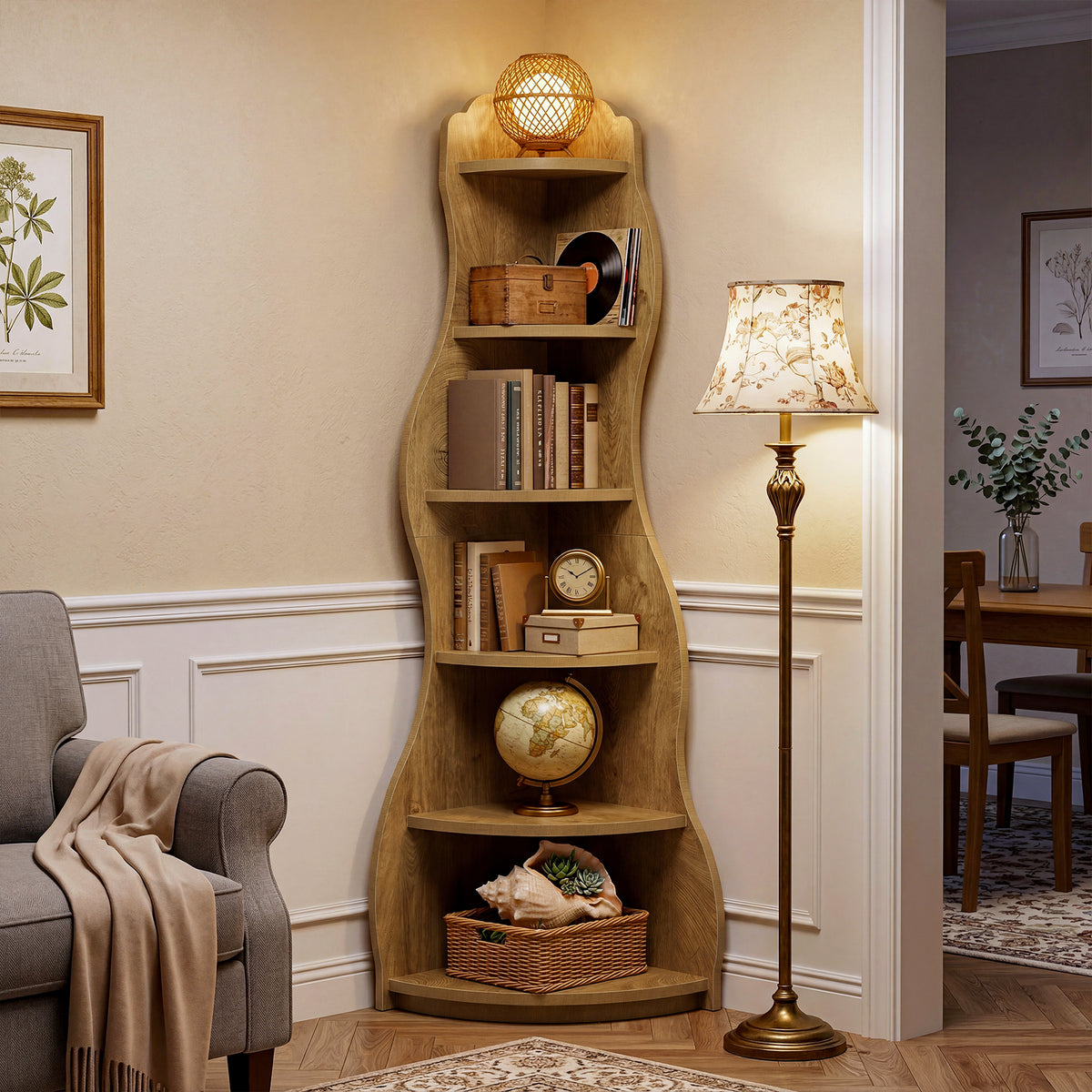 6-Tier Corner Shelf Stand,175cm Tall Bookshelf with Curvy Shape for Living Room
