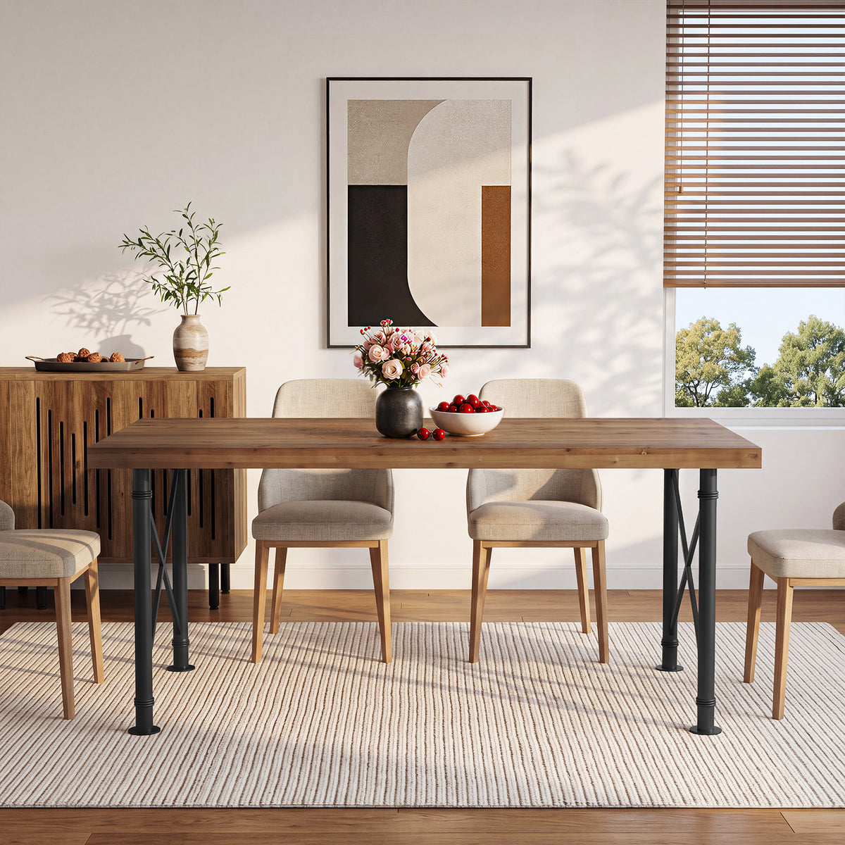 160cm Dining Table, Solid Wood 4-6 Seater with X-Frame Metal Legs