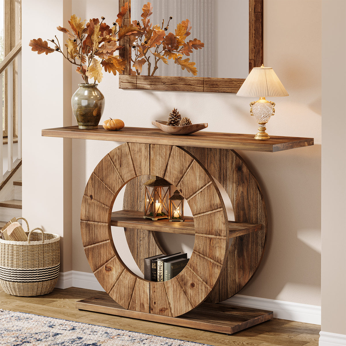 105cm Console Table, Solid Wood 3-Tier Entryway Table with Circular Base