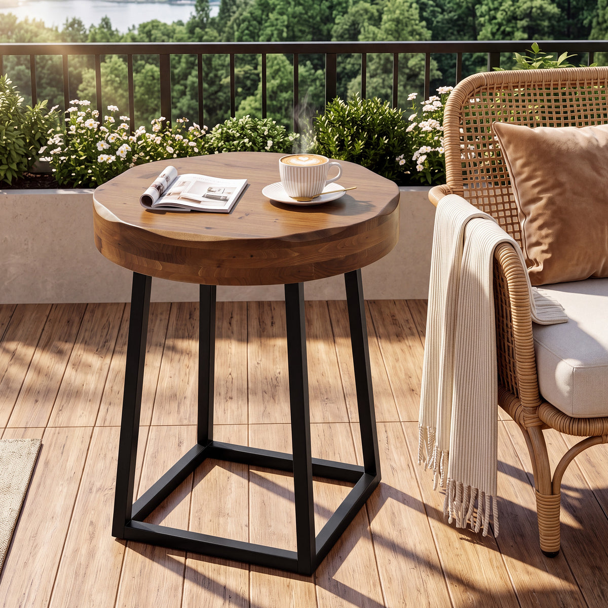50cm Round End Table, Solid Wood Live Edge Side Table with Metal Base for Living Room