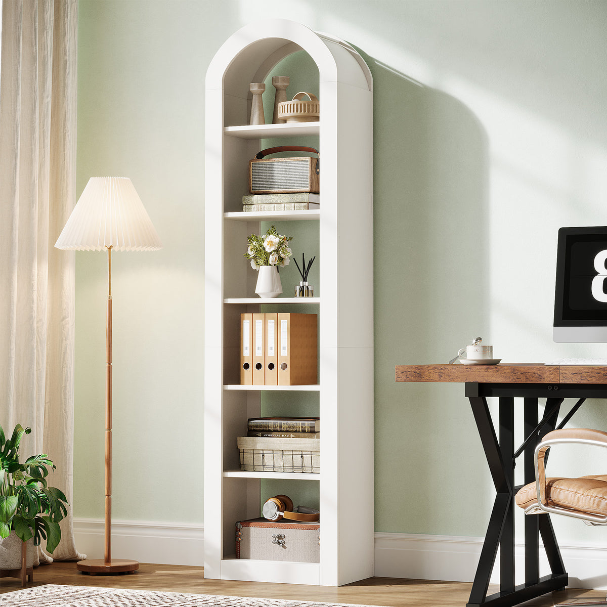 190cm Arched Bookshelf, 6-Tier Narrow White Storage Rack