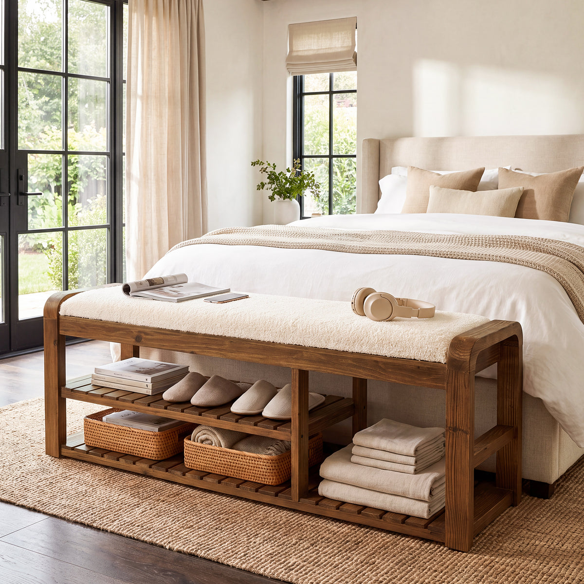 140cm Shoe Storage Bench, Solid Wood Upholstered Entryway Bench with Removable Cushion