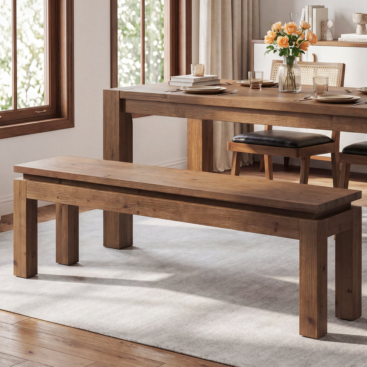 Tribesigns Solid Wood Bench 150 cm, Country-style dining bench with block legs