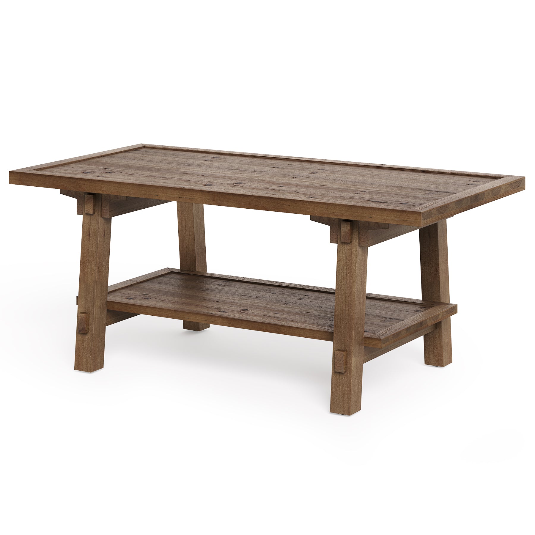 47" Solid Wood Coffee Table, Rectangle Center Table with 2-Tier Shelves