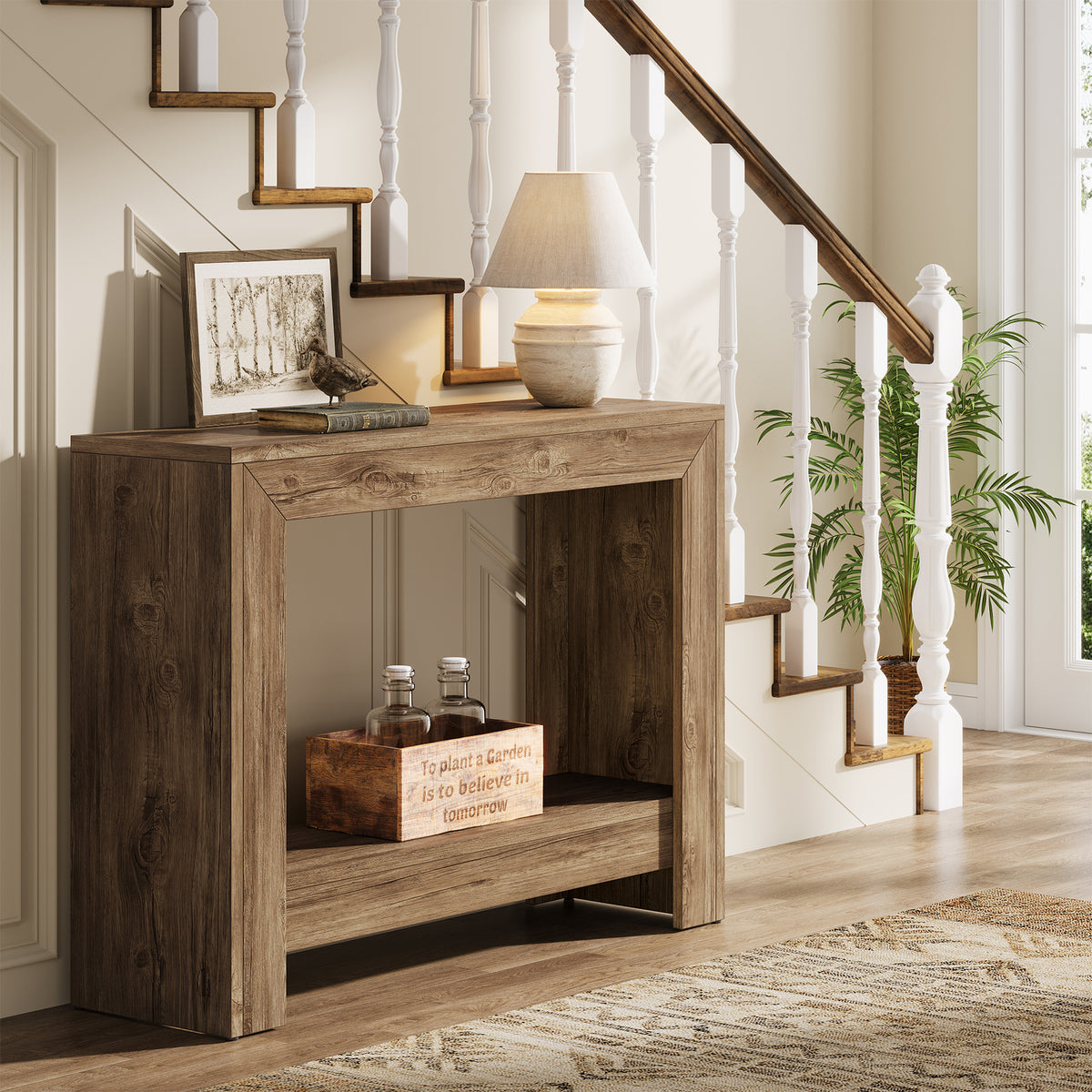 105cm Console Table, Rustic Narrow Hallway Table with Open Storage