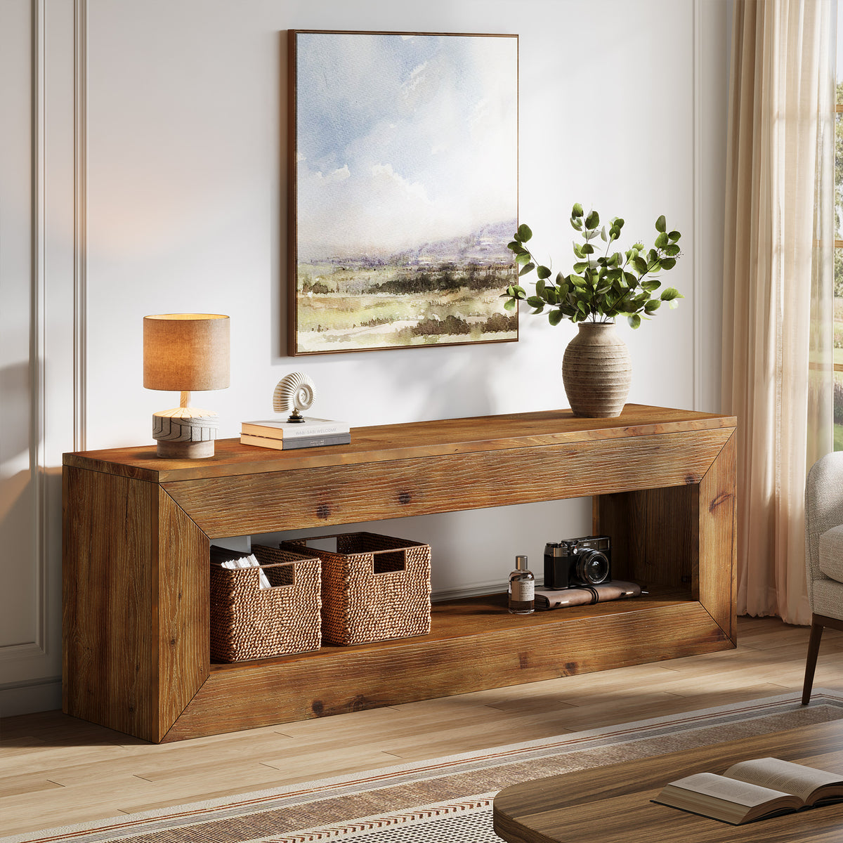 120cm TV Stand, Solid Wood Low Media Cabinet with Storage for Living Room Bedroom
