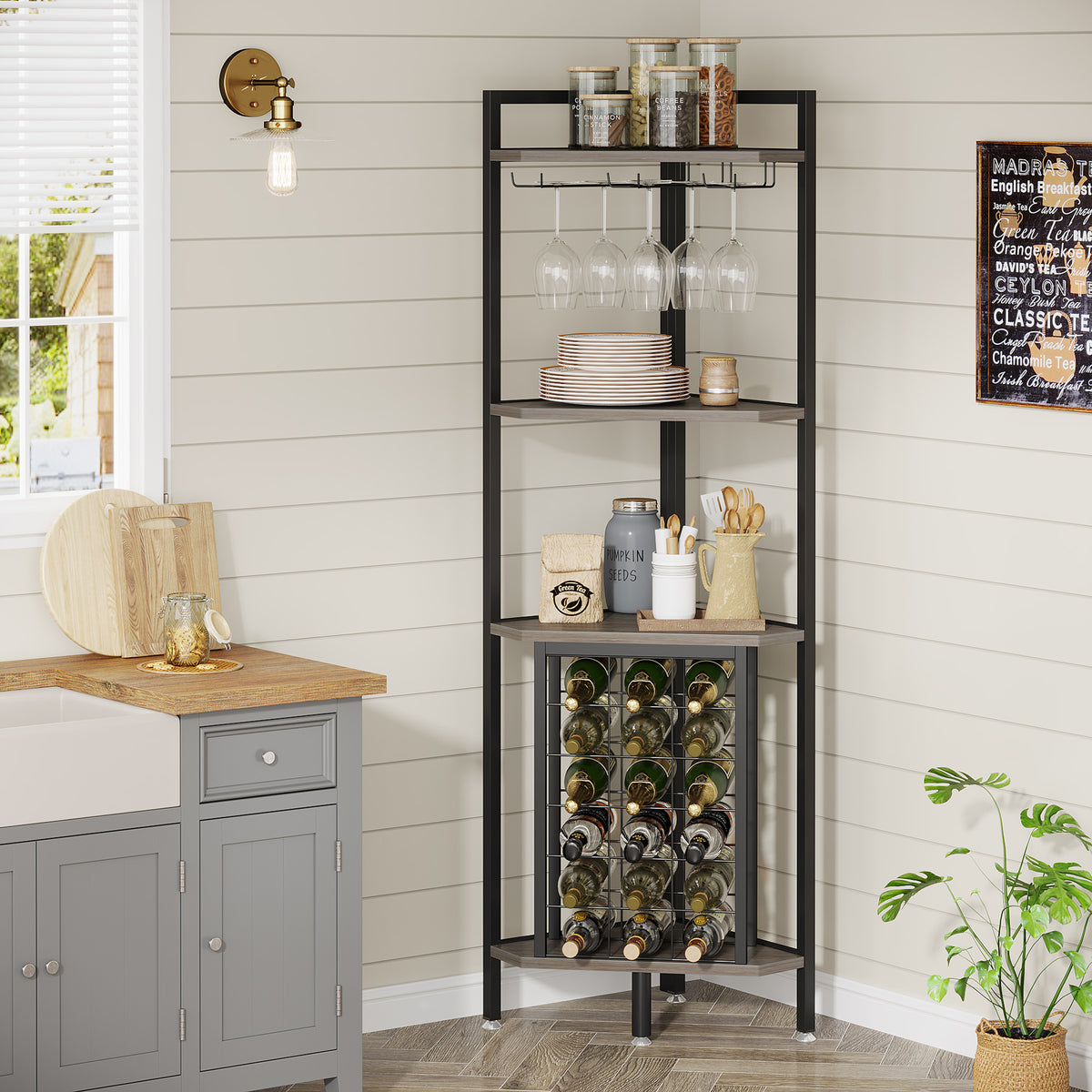 161cm Corner Wine Rack, 4-Tier Industrial Shelf with Glass Holder