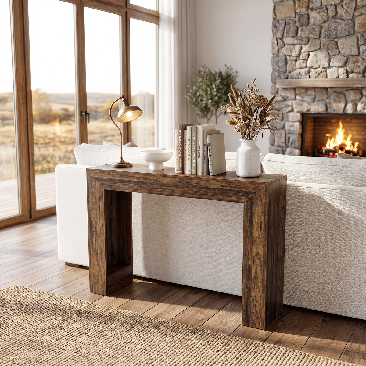 105cm Console Table, Wood-Look Entryway Table with Double Pedestal Base