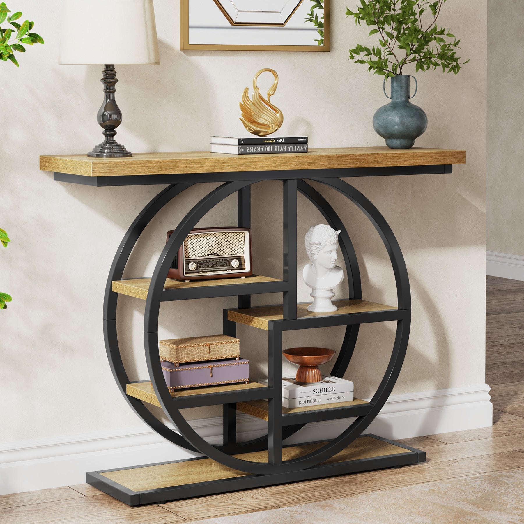 41" Industrial Console Table, Narrow 6-Tier Sofa Entryway Table with Circle Base