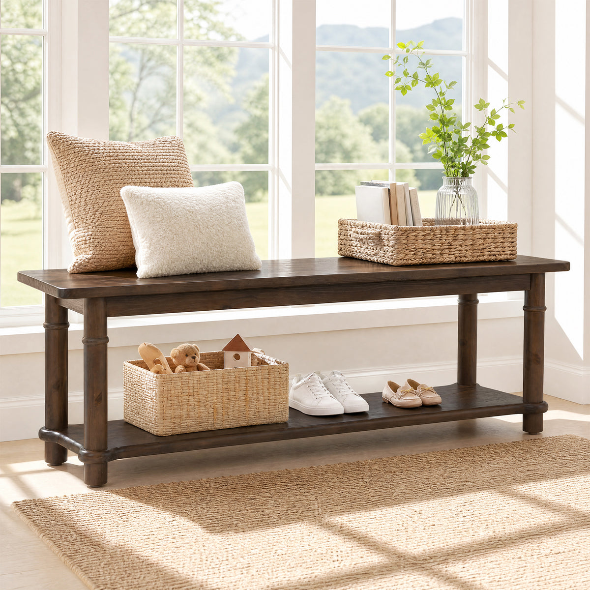 140cm Entryway Bench, Farmhouse 2-Tier Solid Wood Shoe Bench with Open Shelf