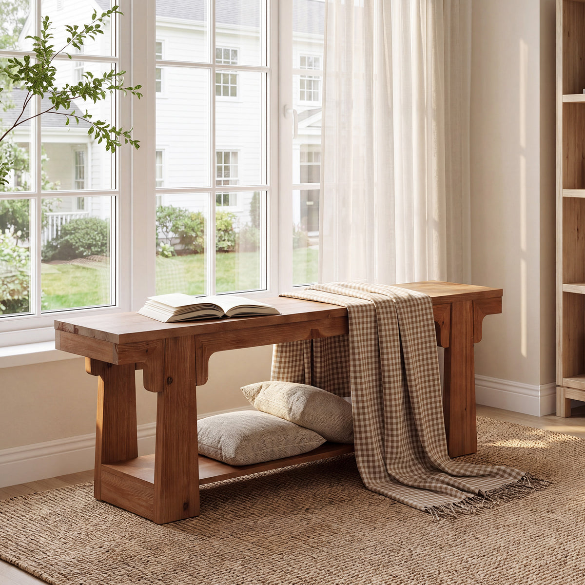 160cm Entryway Bench, Natural Solid Wood 2-Tier Open Shoe Storage for Hallway