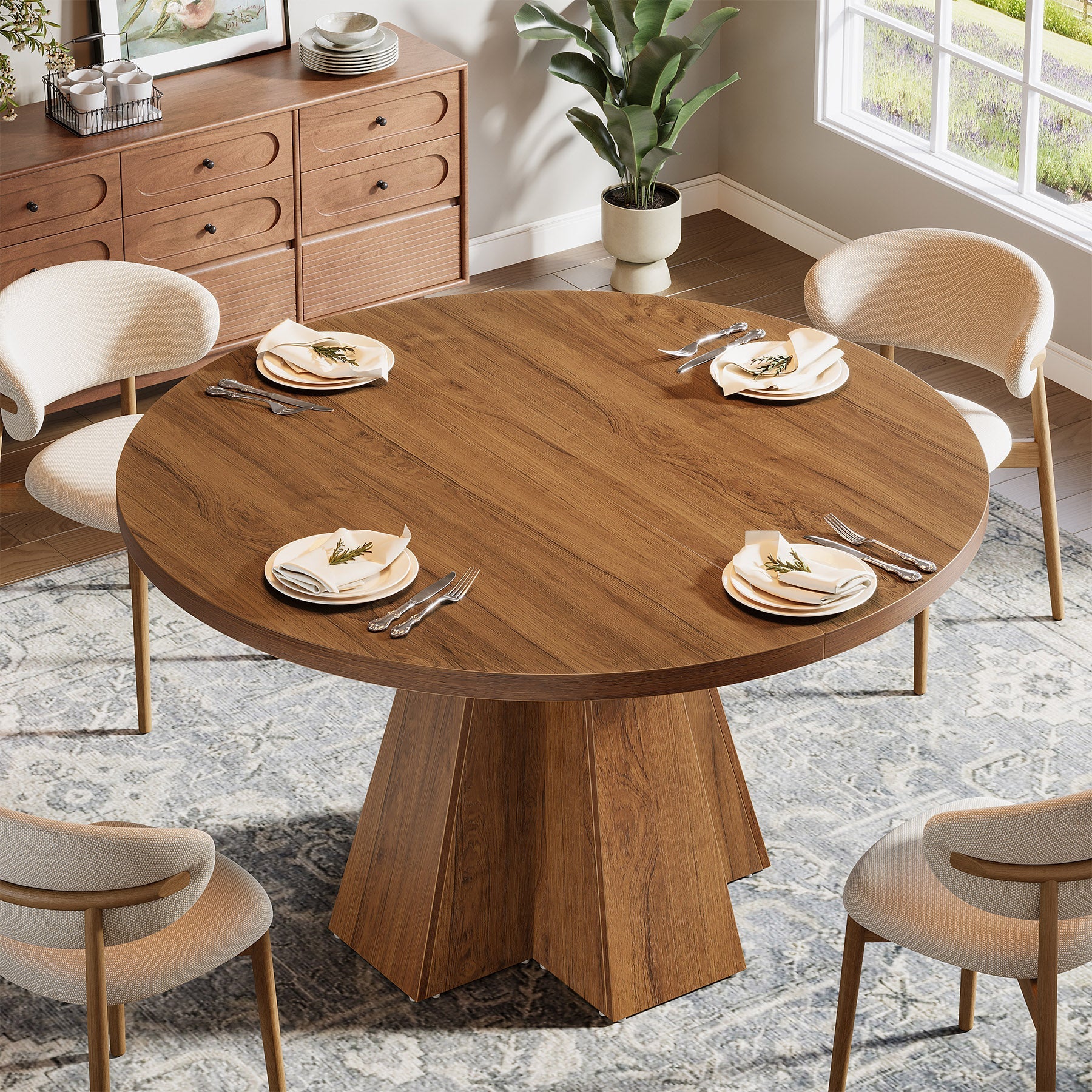 46.5" Round Dining Table for 4, Circle Kitchen Table with Pedestal Base