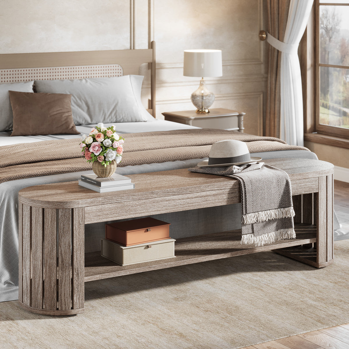 63" Wooden Shoe Bench with 2-Tier Storage, Narrow Entryway Bench for Entrance and Hallway