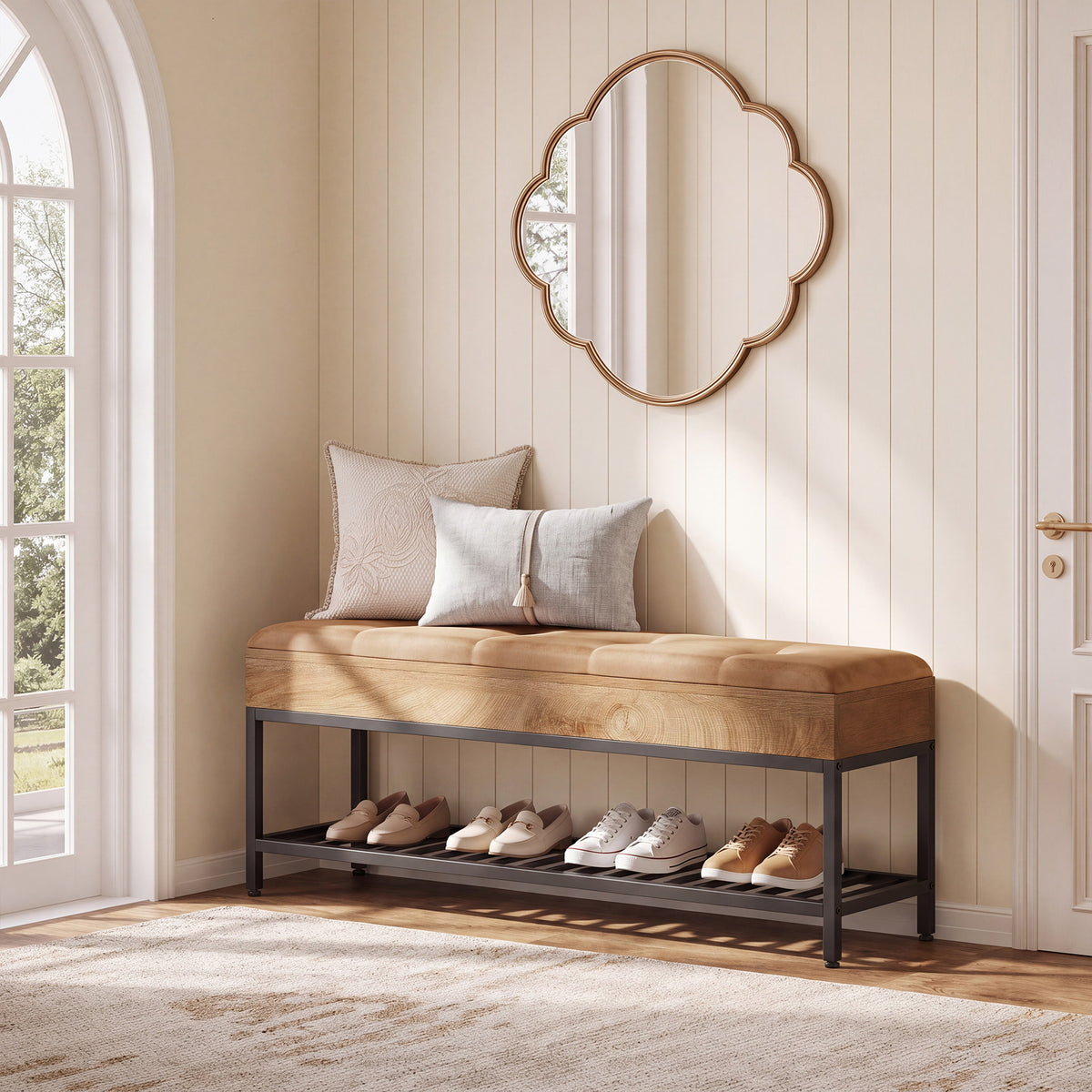 140cm Shoe Bench, 2-Tier Entryway Bench with Cushion & Metal Frame