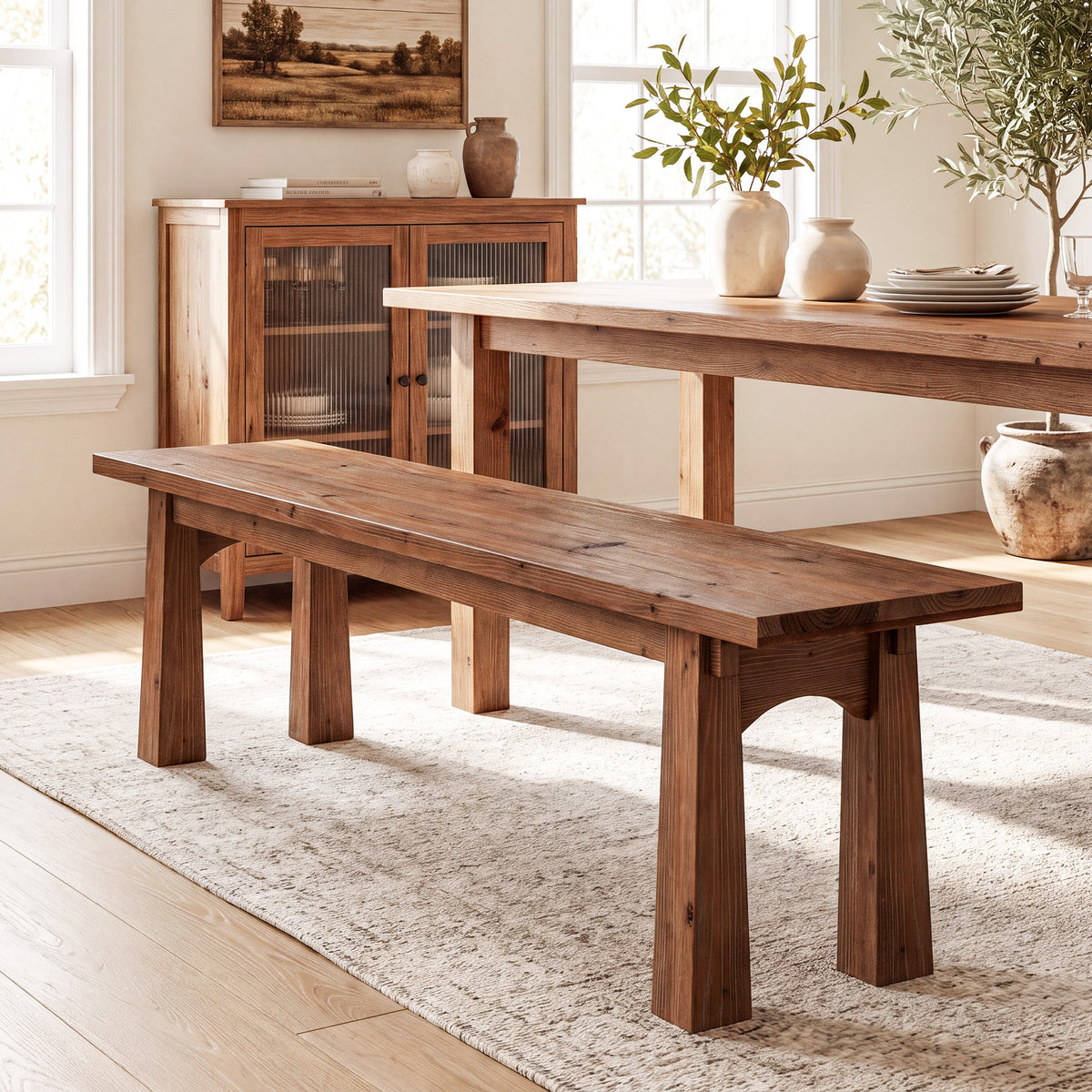 140cm Entryway Bench, Solid Wood Farmhouse Shoe Bench