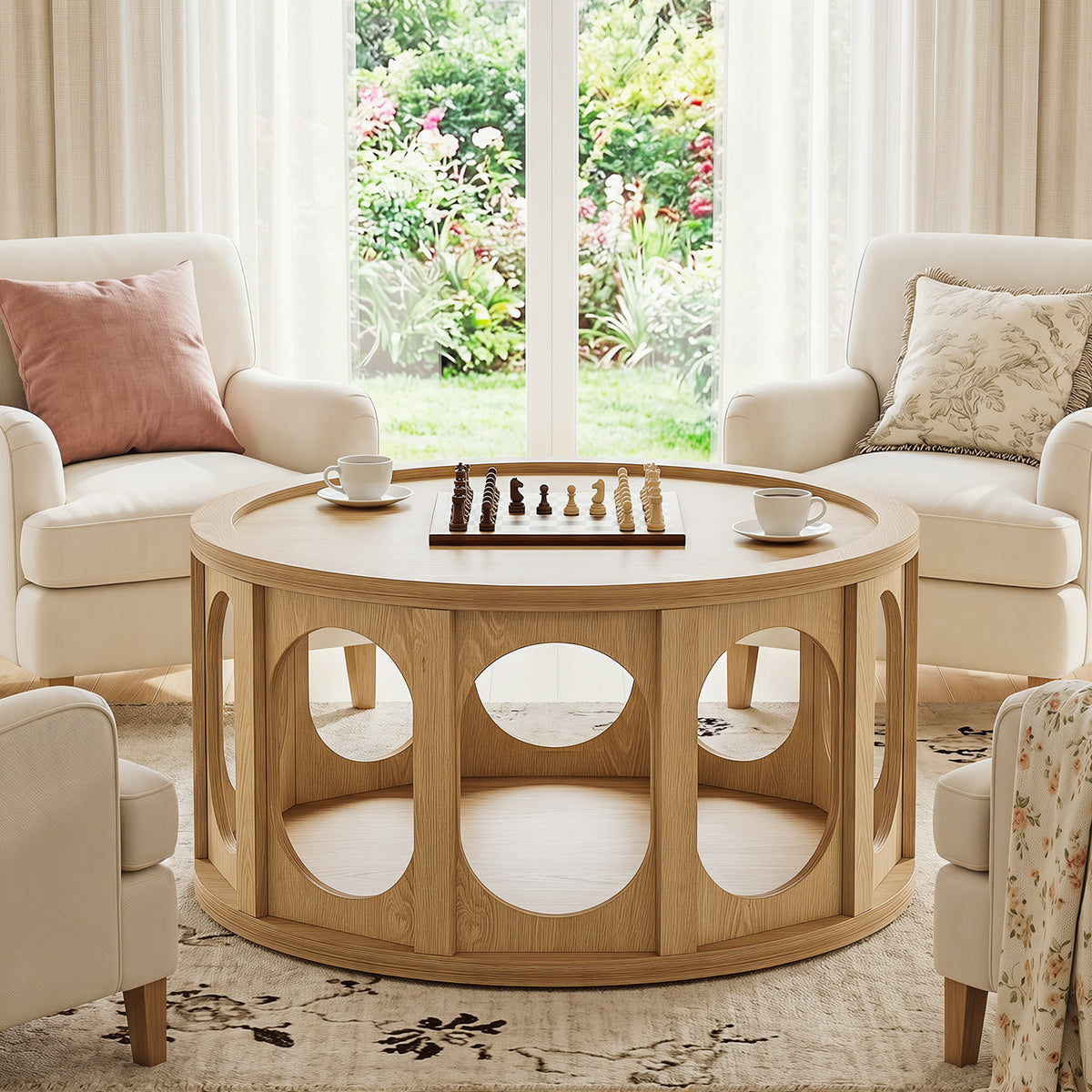 80 cm Round Coffee Table with Tray Top,Mid-Century Modern Accent Table for Living Room – Rustic Brown.