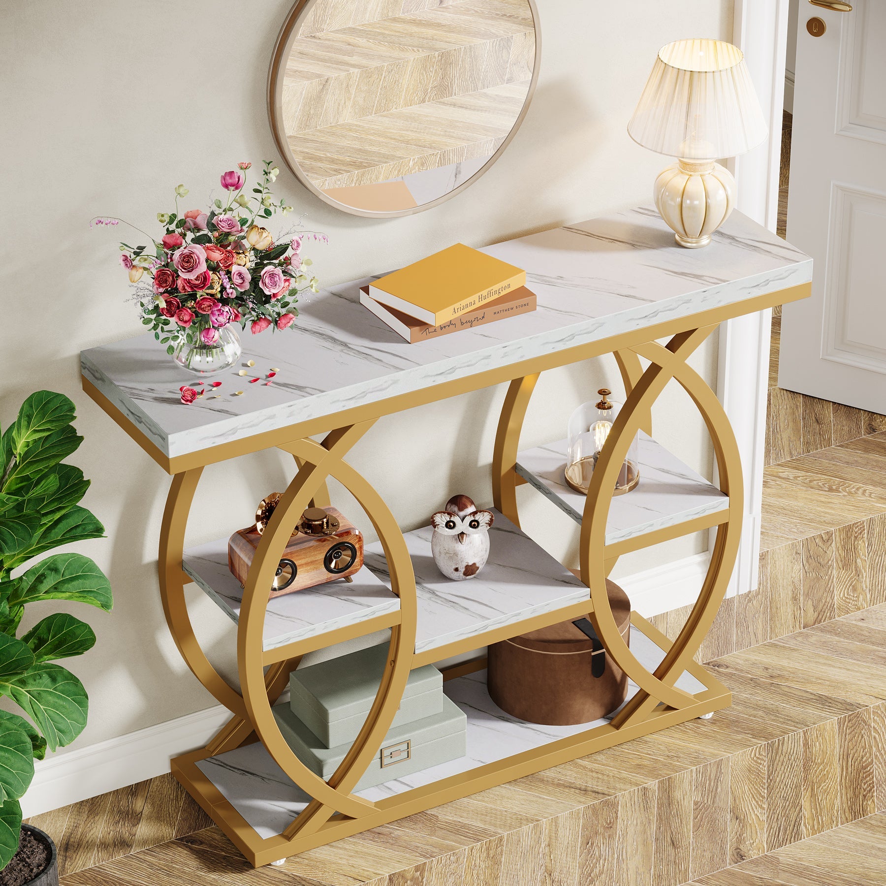 39.4" Console Table, 4-Tier Narrow Sofa Table with Metal Frame & Storage