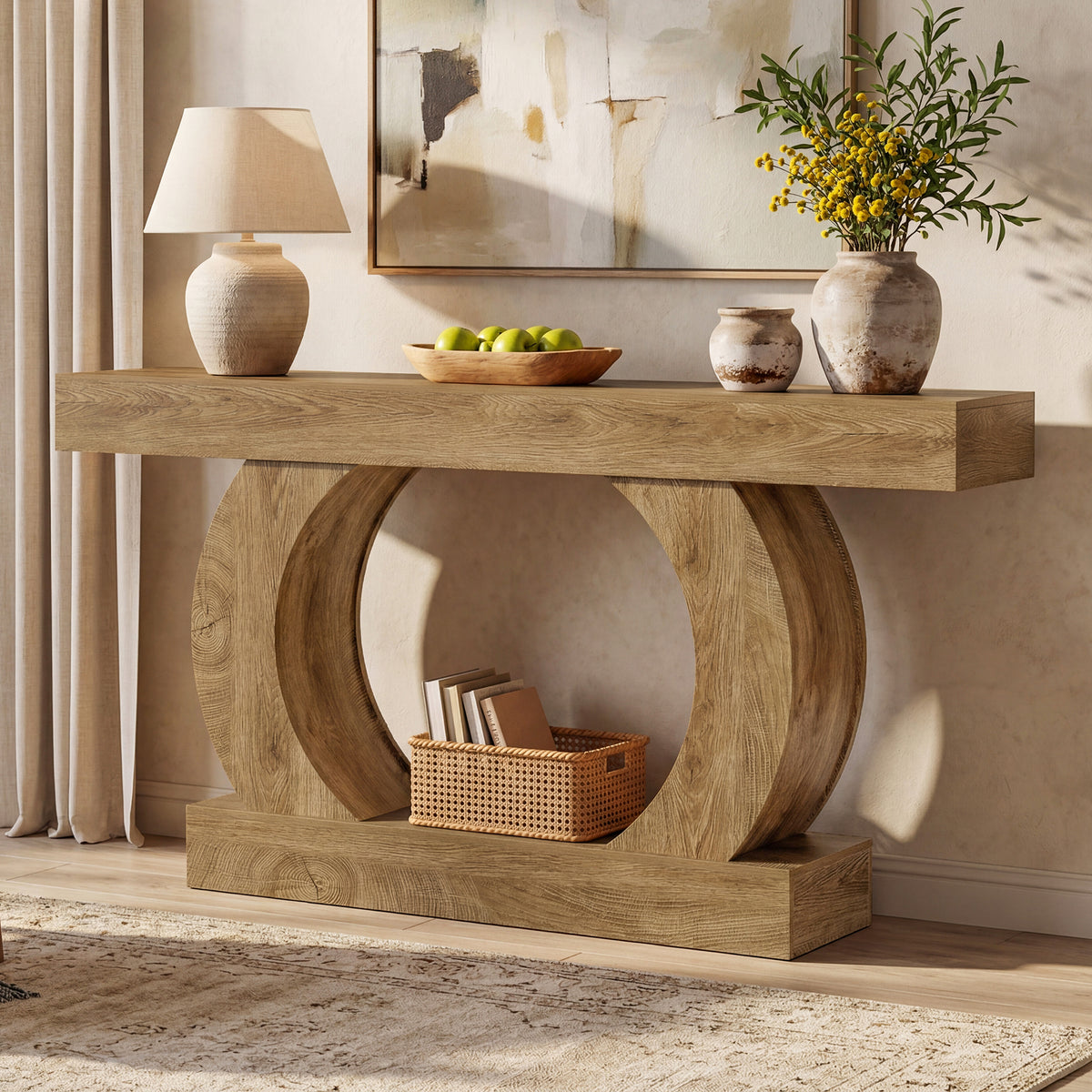 Rustic console table, 150 x 30 x 85 cm, with an open, round base,narrow two-tier hall table for hallways and living rooms