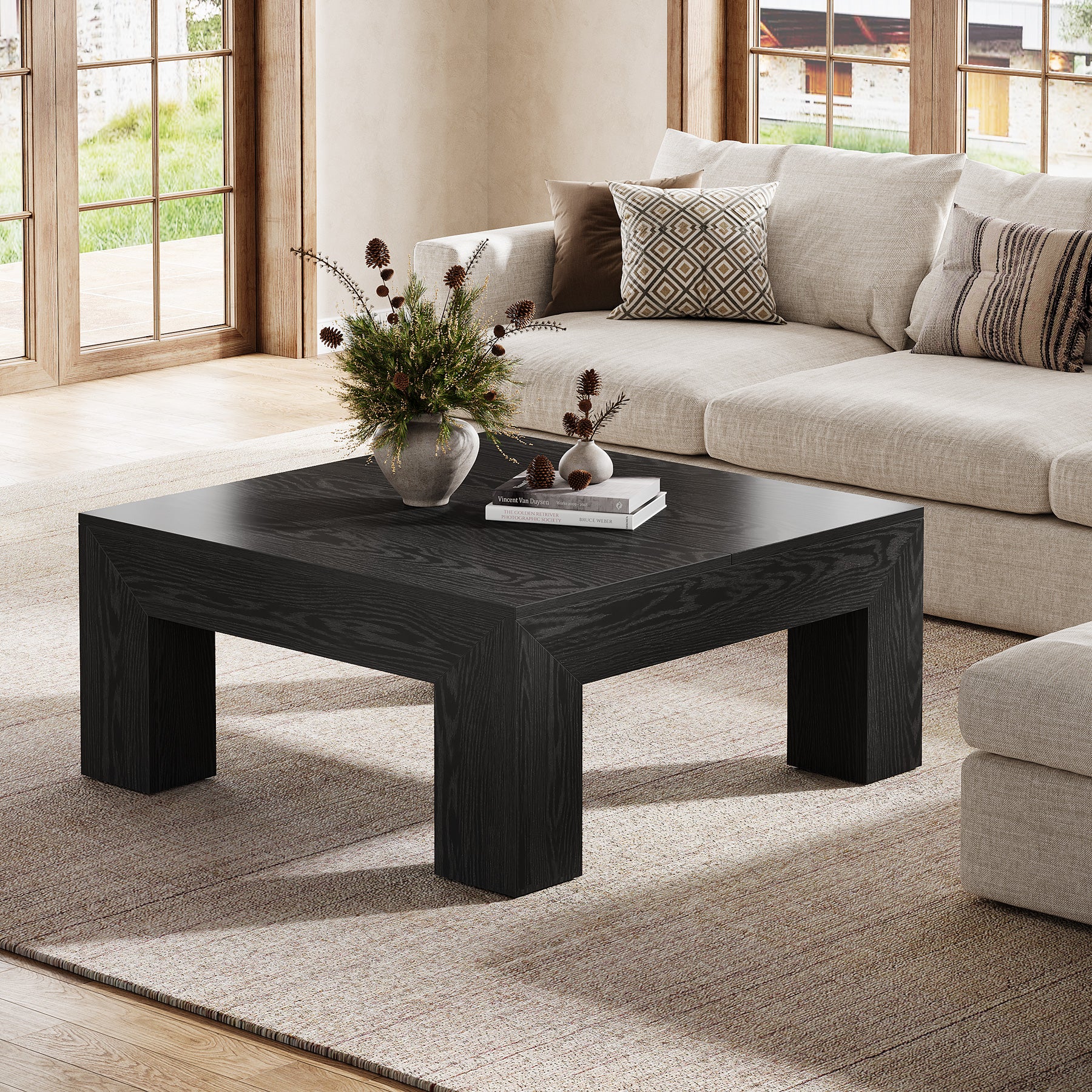 39" Square Farmhouse Coffee Table, Tea Table with Sturdy Wood Legs
