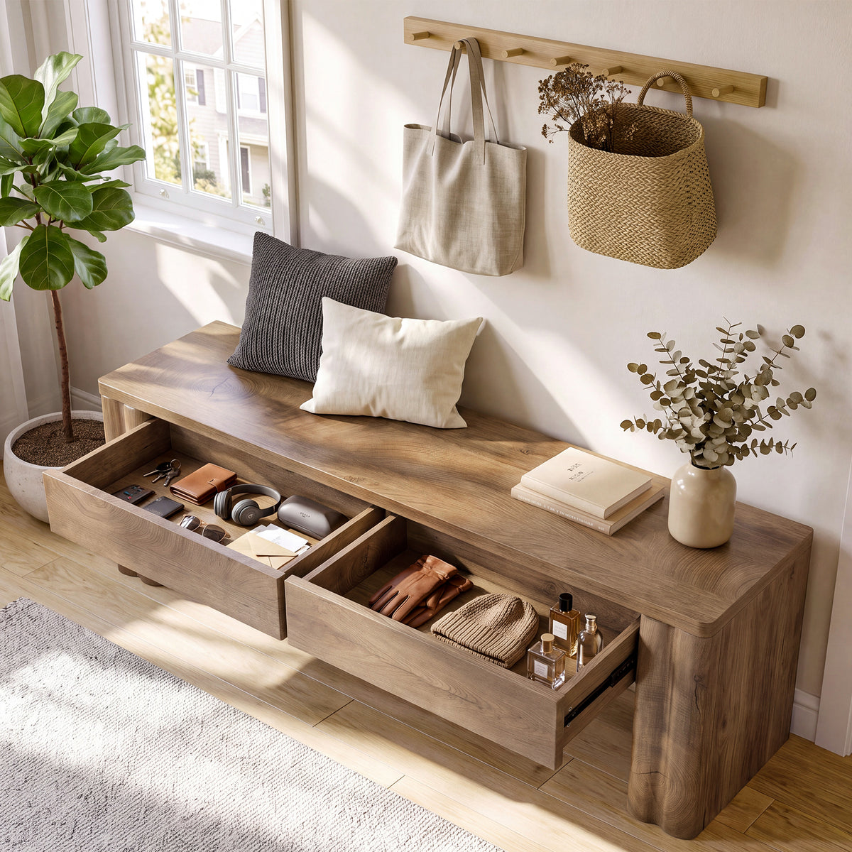 140cm Entryway Bench, 2-Drawer Modern End of Bed Bench with Thick Legs