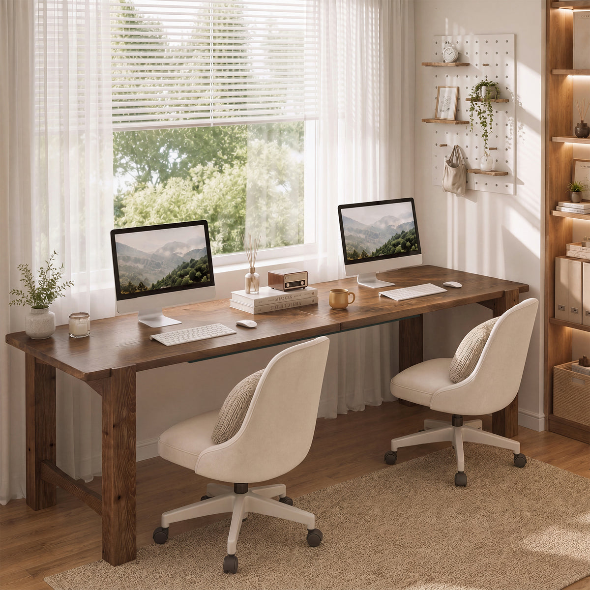 200cm 2-Person Computer Desk, Farmhouse Solid Wood with Thick Legs for Home Office