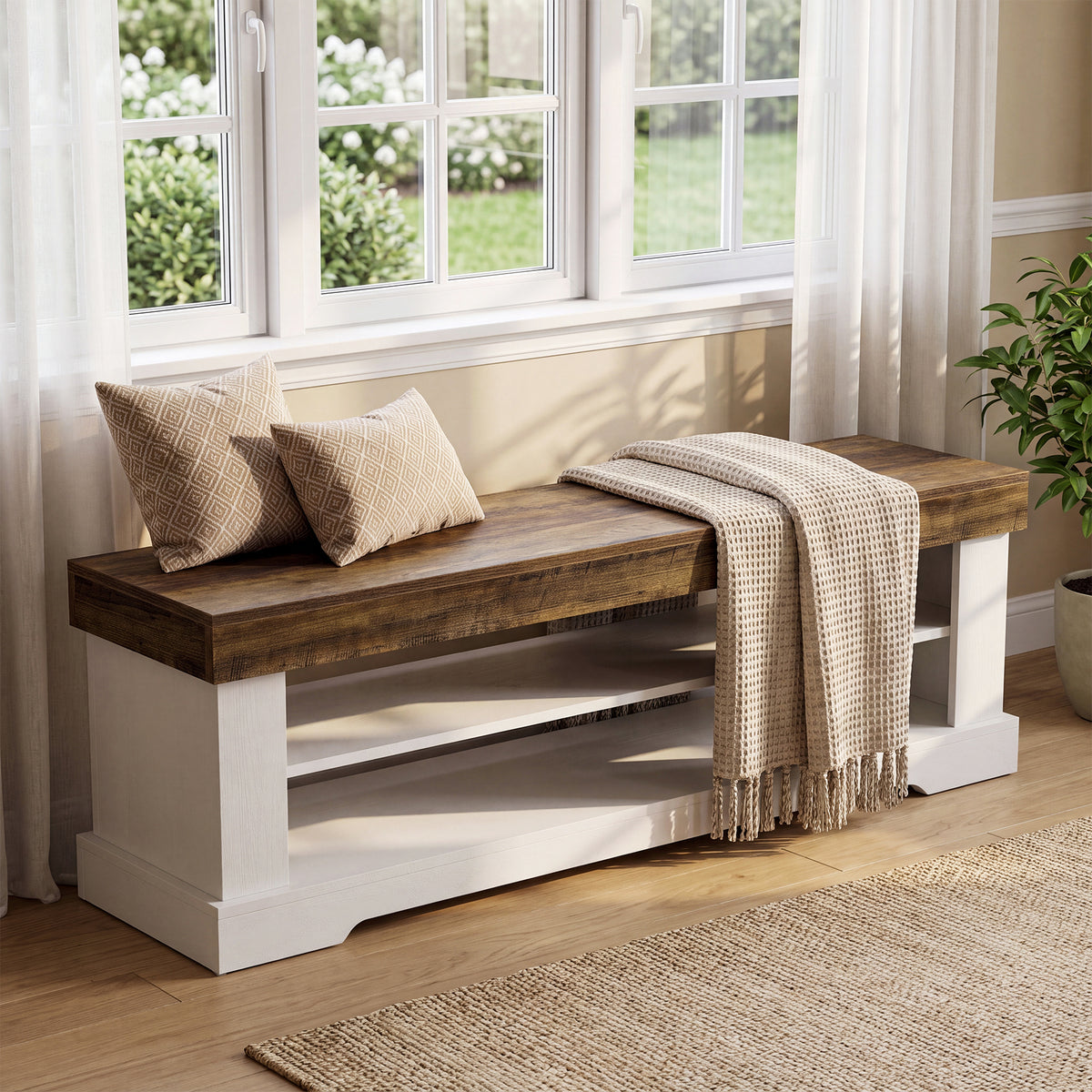 100cm Shoe Bench, Wooden Entryway Bench with 3-Tier Open Storage