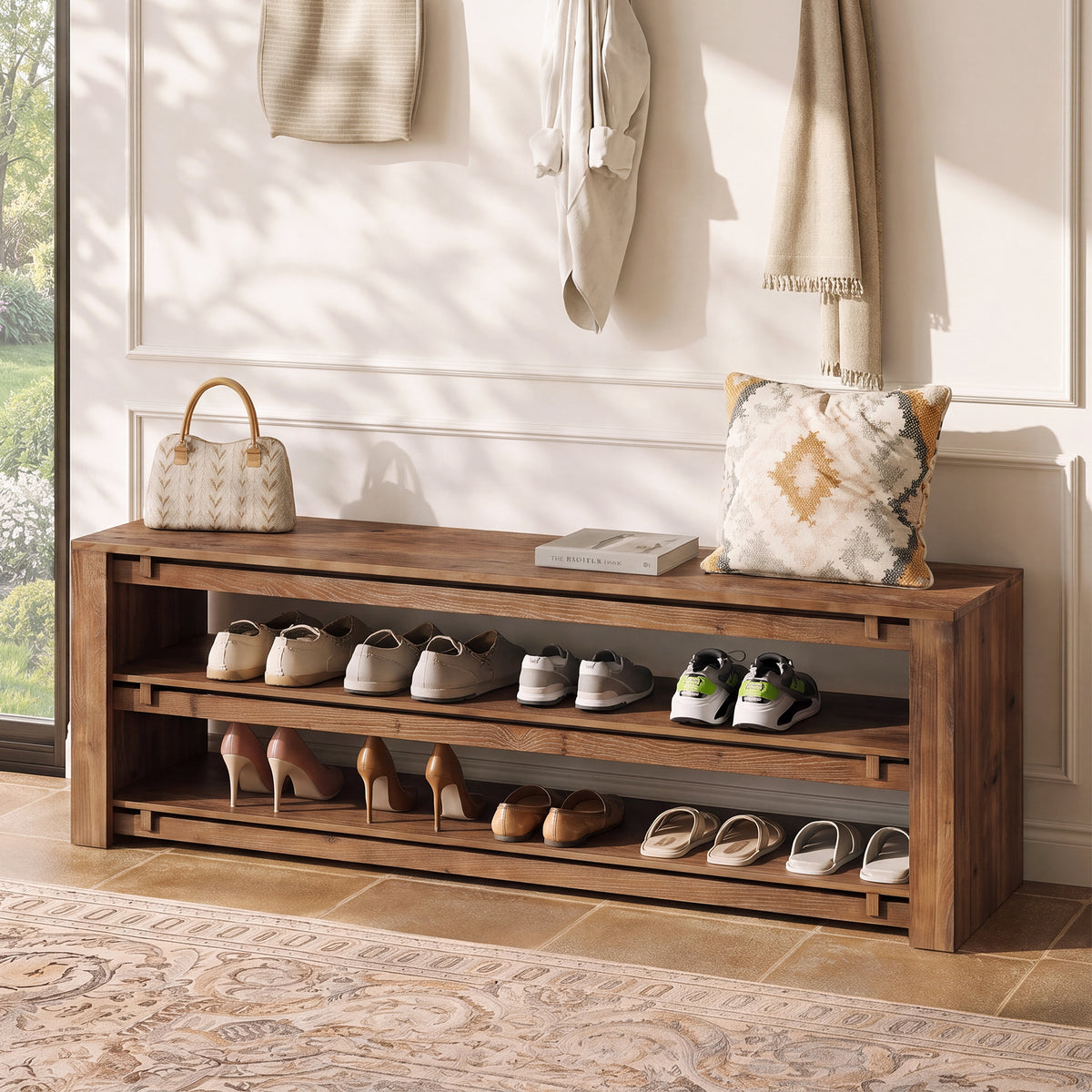 160cm Entryway Bench, 3-Tier Solid Wood Shoe Bench with Storage for Hallway Bedroom