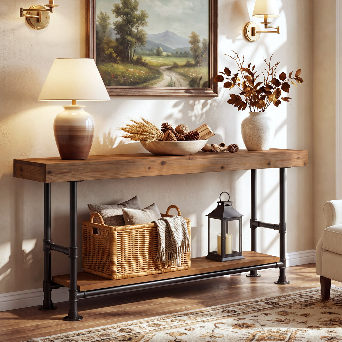 160cm Console Table, 2-Tier Solid Wood for Entryway & Hallway