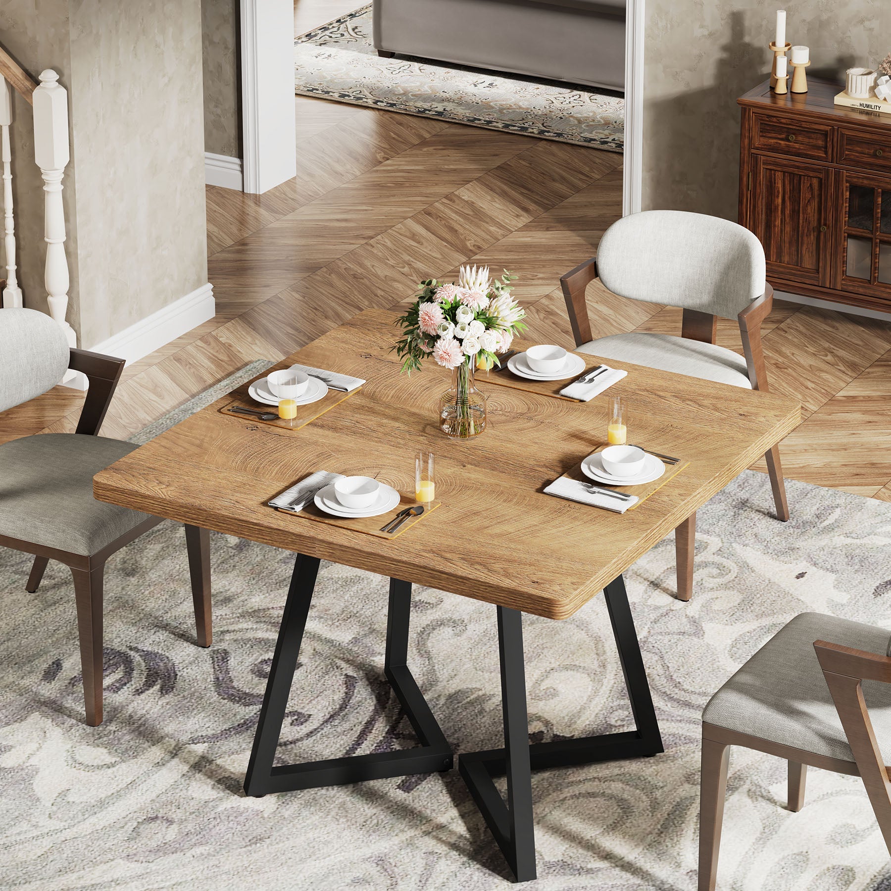 31.5" Square Dining Table, Wood Kitchen Table with Metal Legs for 4