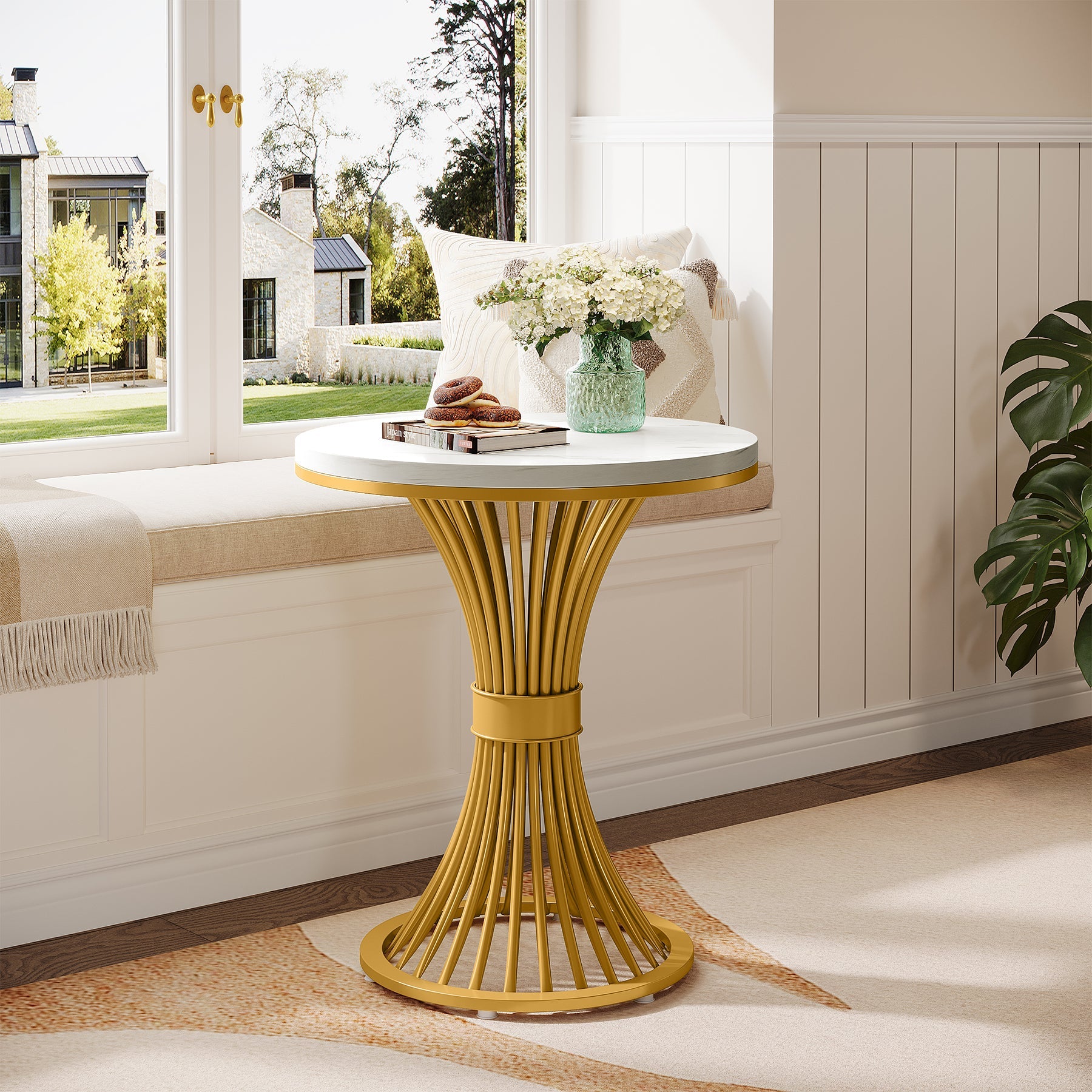 Tribesigns 20-Inch Round End Table, Faux Marble Side Table with Gold Metal Base