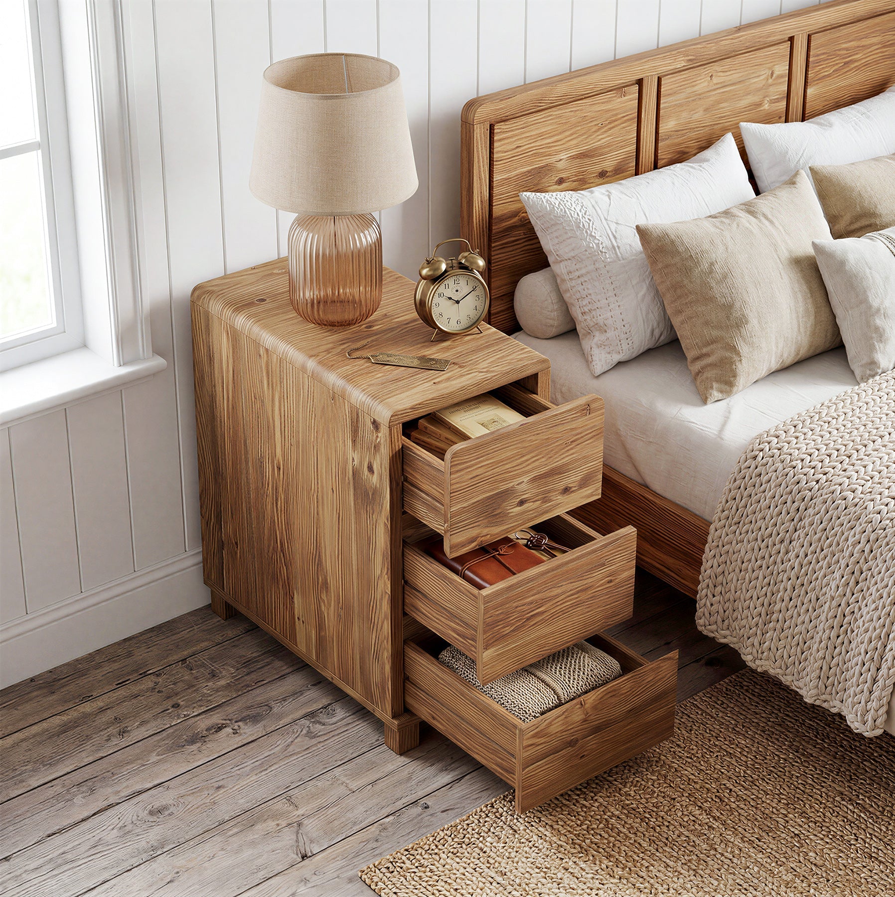 60cm 3-Drawer Nightstand, Solid Wood Bedside Table for Bedroom