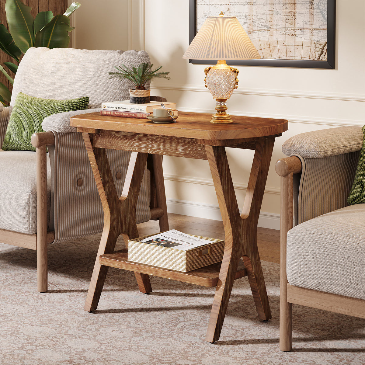 50cm Side Table, Solid Wood 2-Tier End Table Nightstand with Storage for Living Room