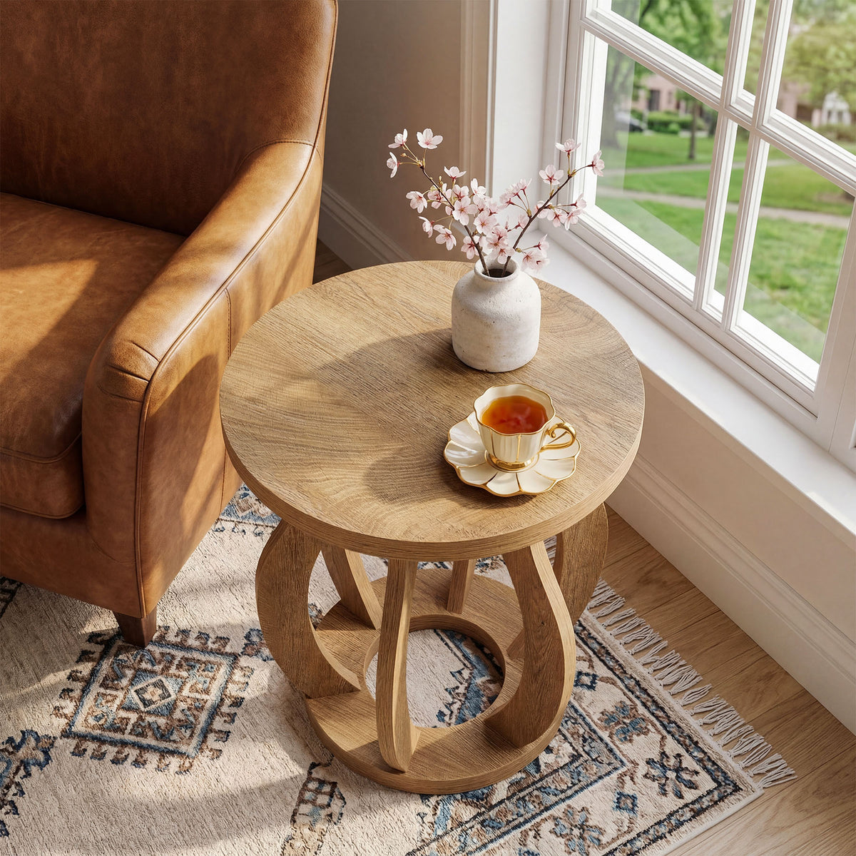 50cm Round Side Table, Curved Wooden Design for Small Spaces