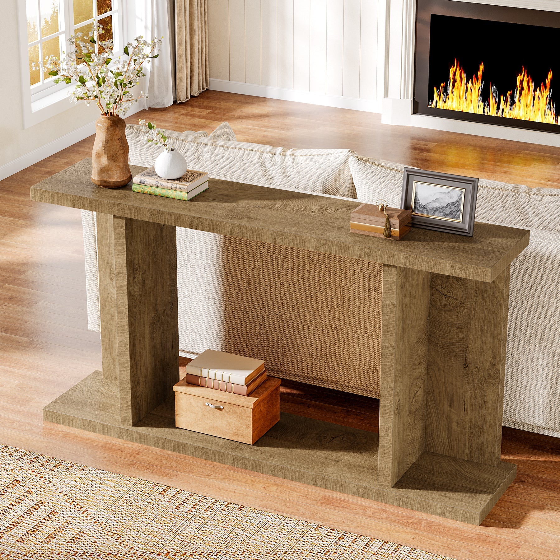 140cm Console Table, 2-Tier Farmhouse Entryway Sofa Table Behind Couch