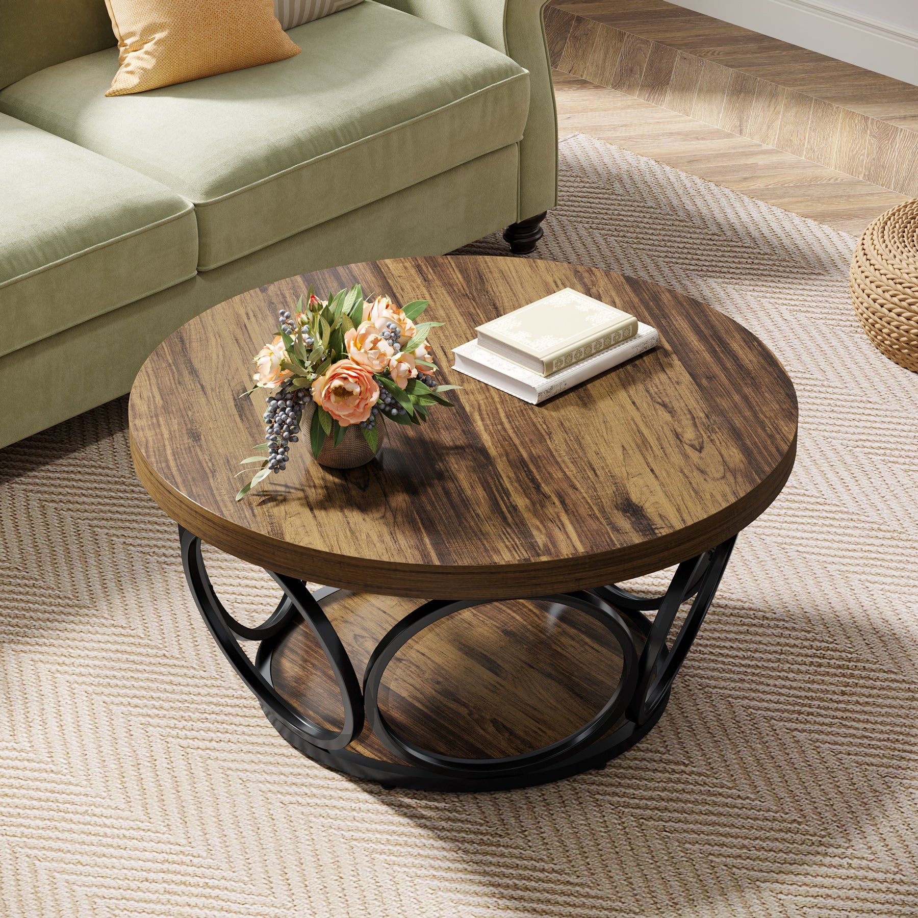 Farmhouse Coffee Table, Round Center Table with 2 Storage Shelves
