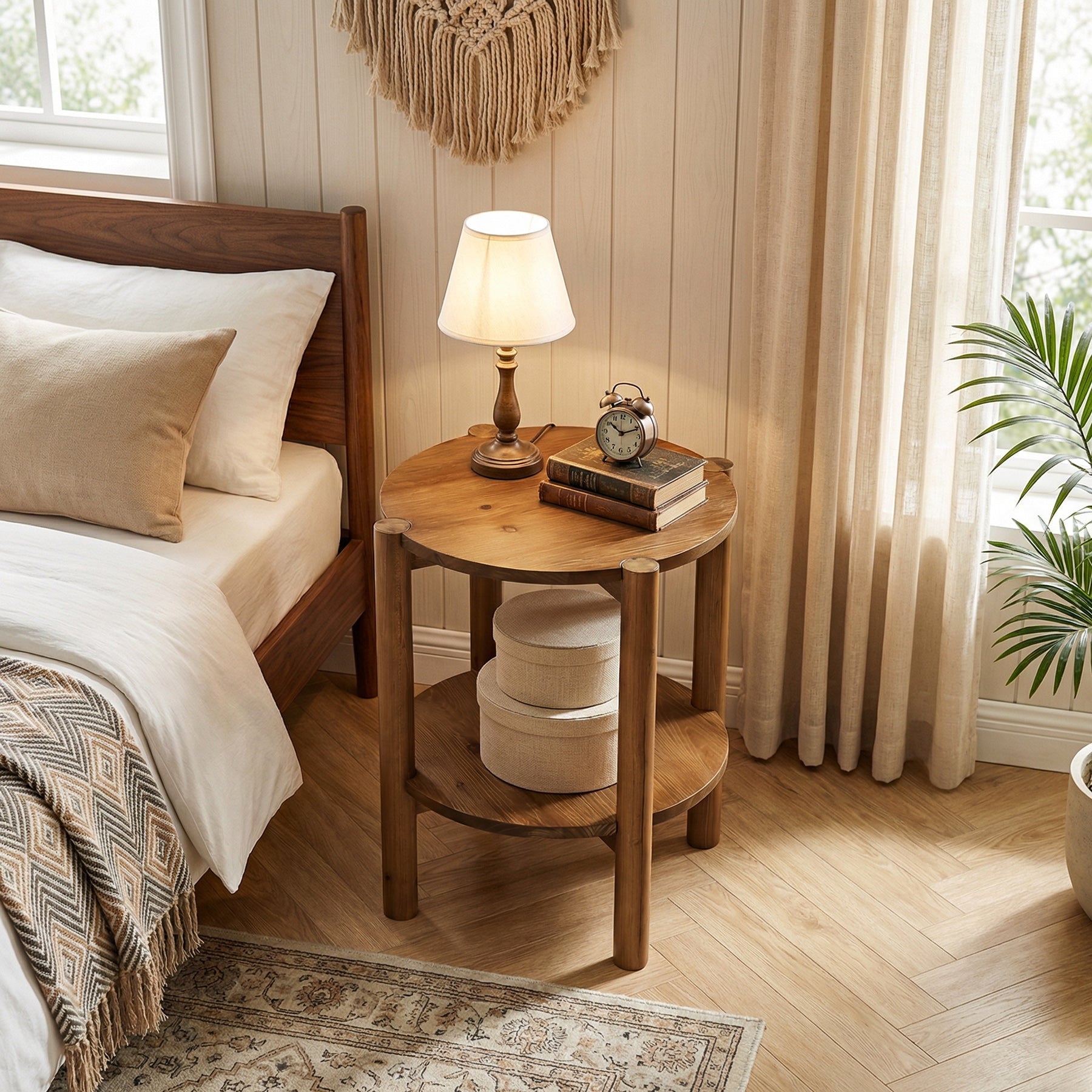 50cm Solid Wood Round Bedside Table, 2-Tier Small Side Table with Storage Shelf