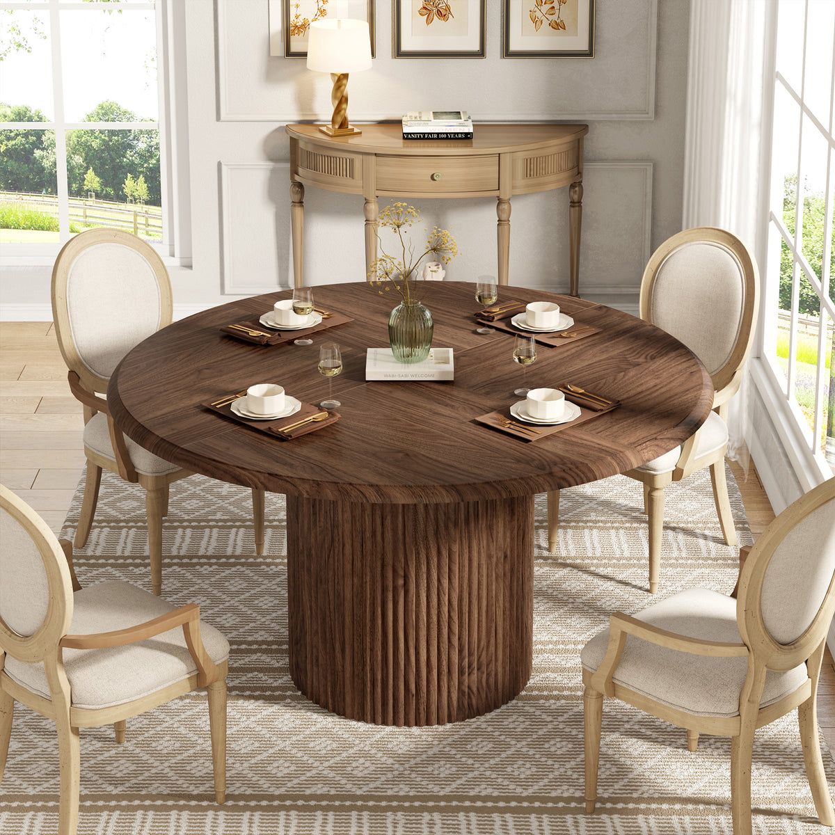 120cm Round Dining Table, Modern Kitchen Table for 4-6 with Metal Base