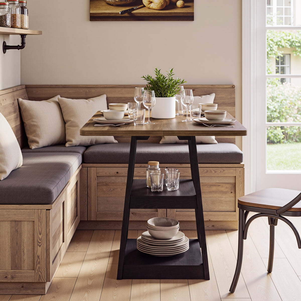 90cm Square Bar Table, Farmhouse Pub Table with 2-Tier Storage Shelves for Kitchen Dining Room