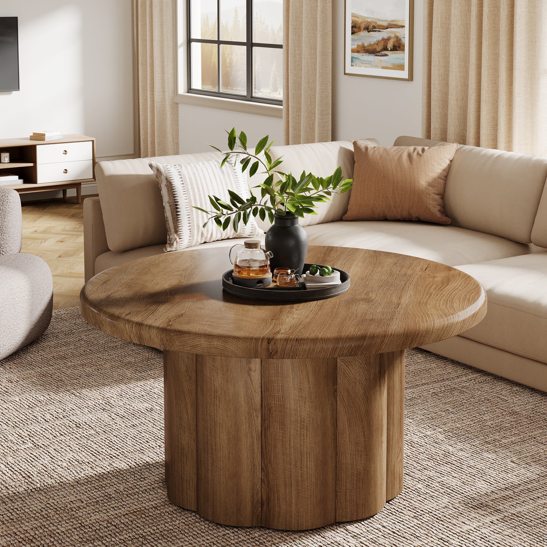 31.5" Rustic Fluted Drum Table, Round Farmhouse Center Table for Cozy Living