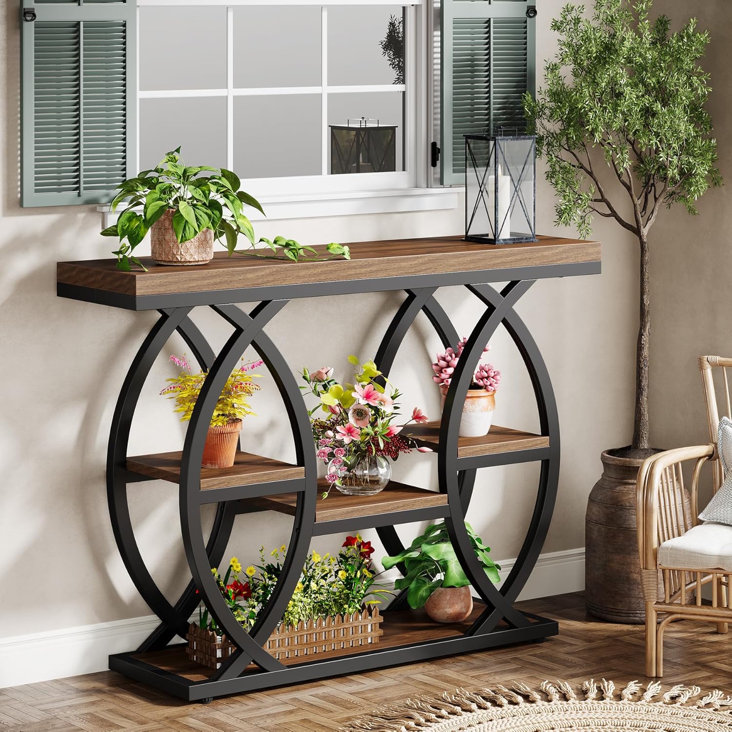 39.4" Console Table, 4-Tier Narrow Sofa Table with Metal Frame & Storage