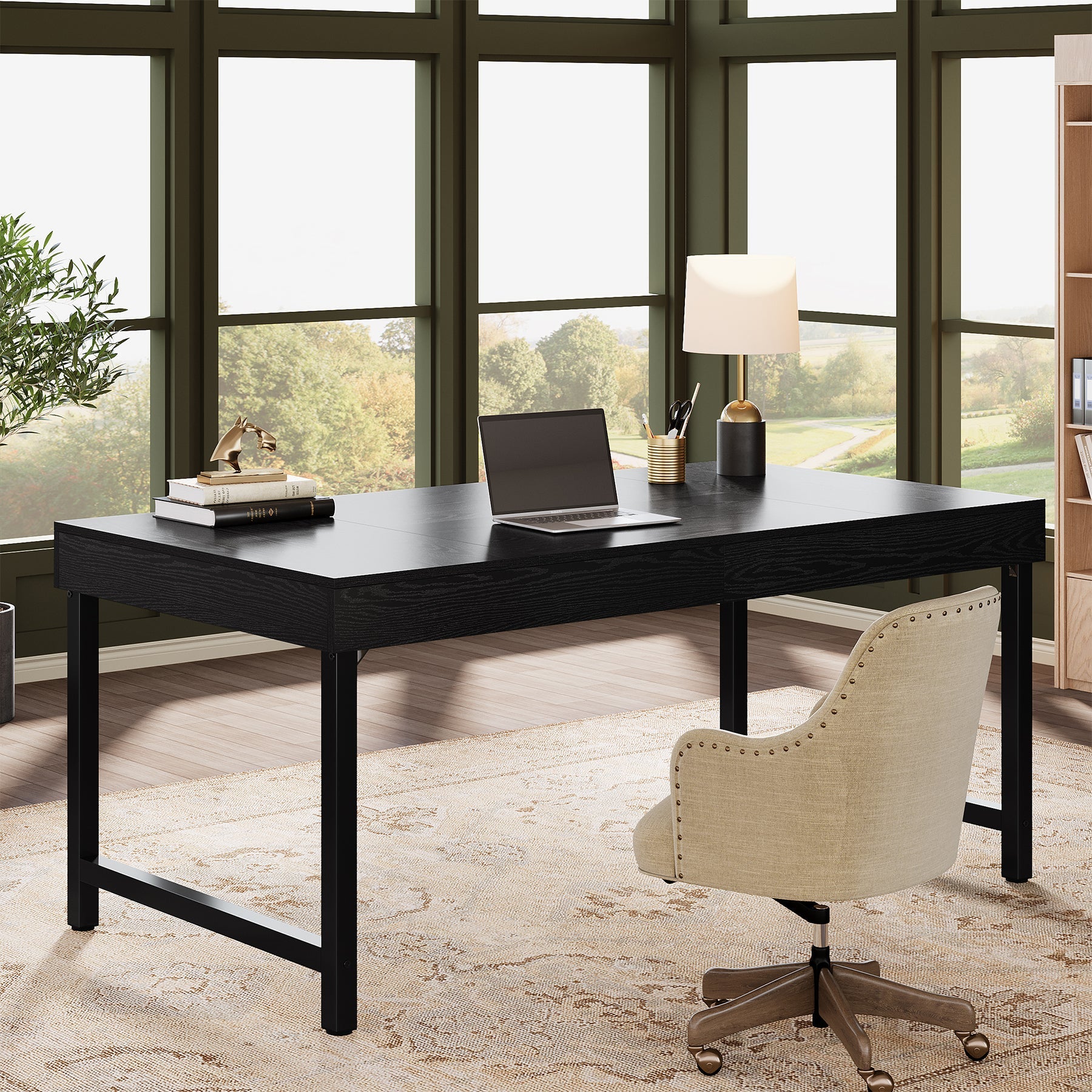55" Industrial Executive Desk, Rustic Office Desk with Metal Legs, Study & Conference Workstation