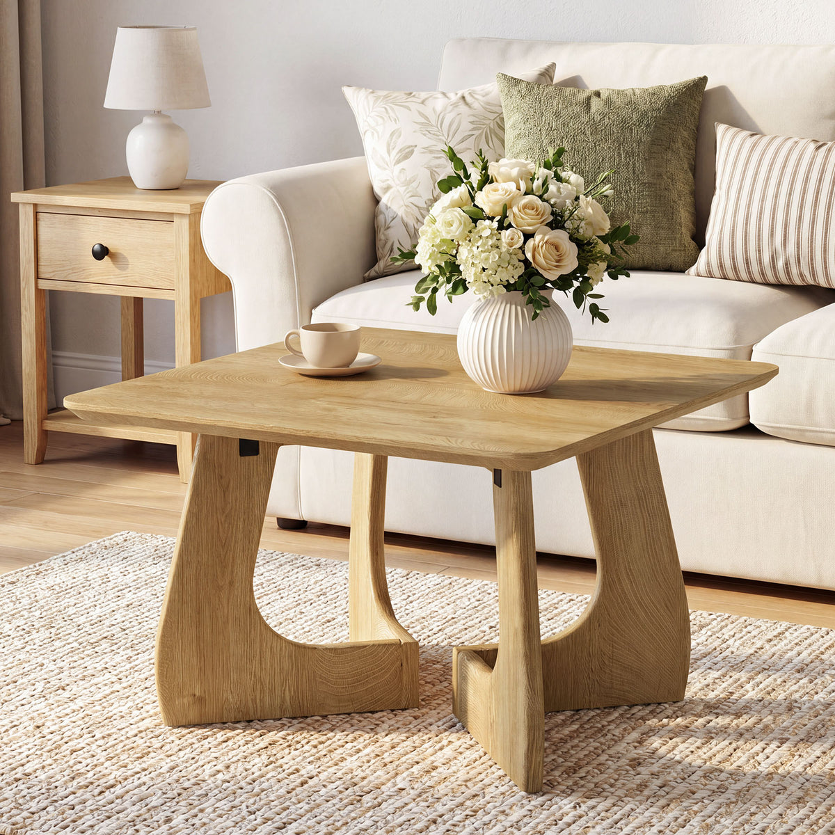 80cm Square Coffee Table, Modern Sculptural Wood Frame for Living Room